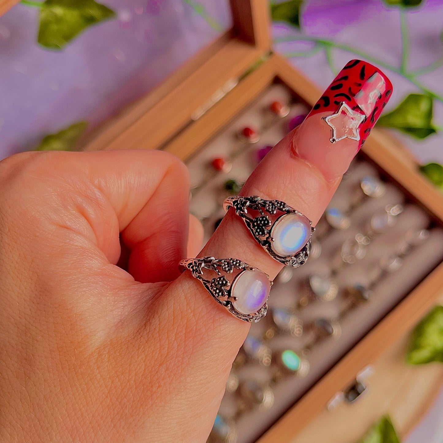 rainbow moonstone style B ~ 925 sterling silver adjustable rings / intuitively chosen