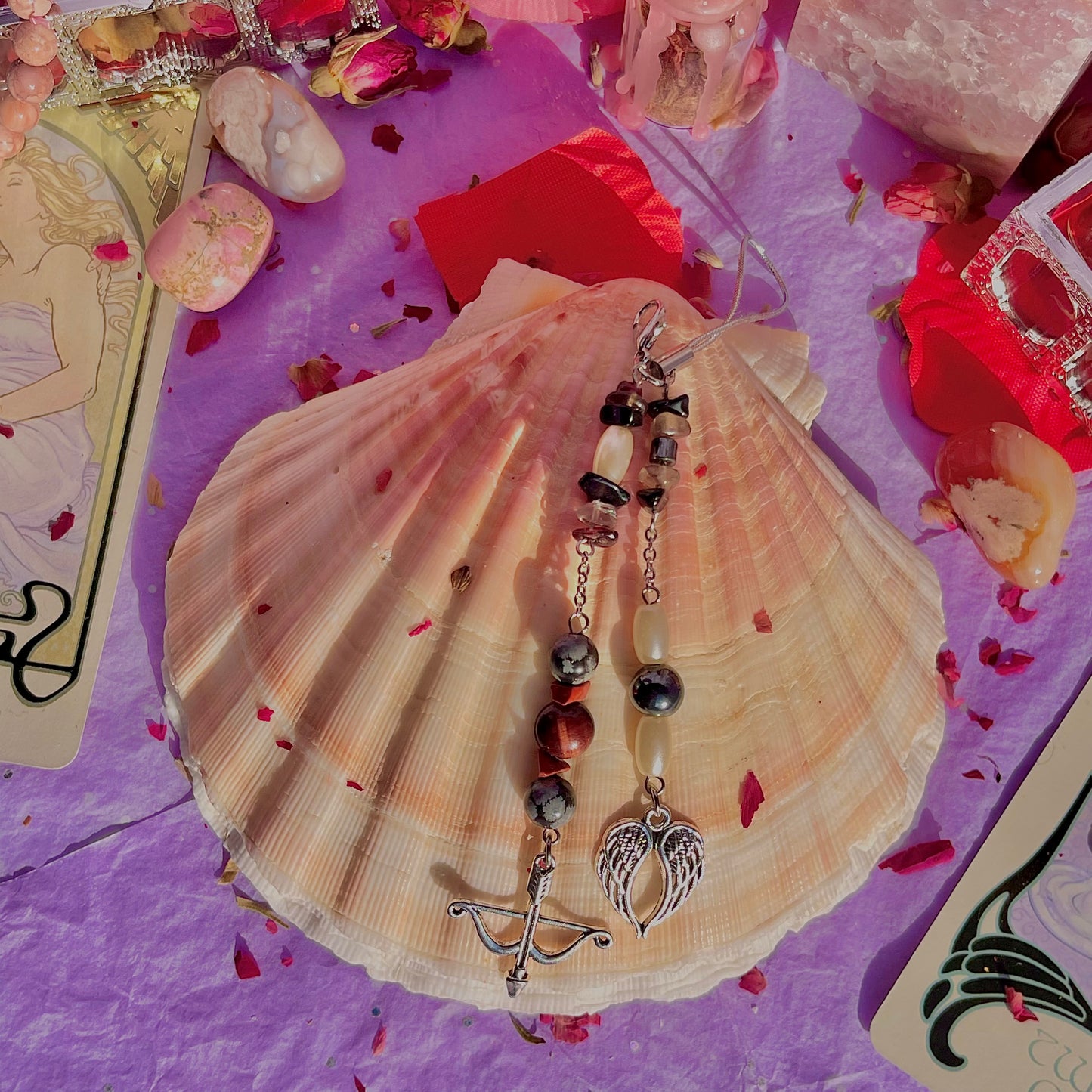 angels arrow phone charm ~ garnet, smokey quartz, black obsidian, snowflake obsidian, red jasper, red tigers eye, hematite & faux pearls