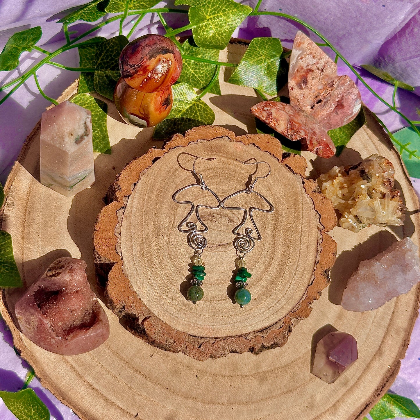 funky fungi earrings ~ moss agate, malachite on 925 hooks