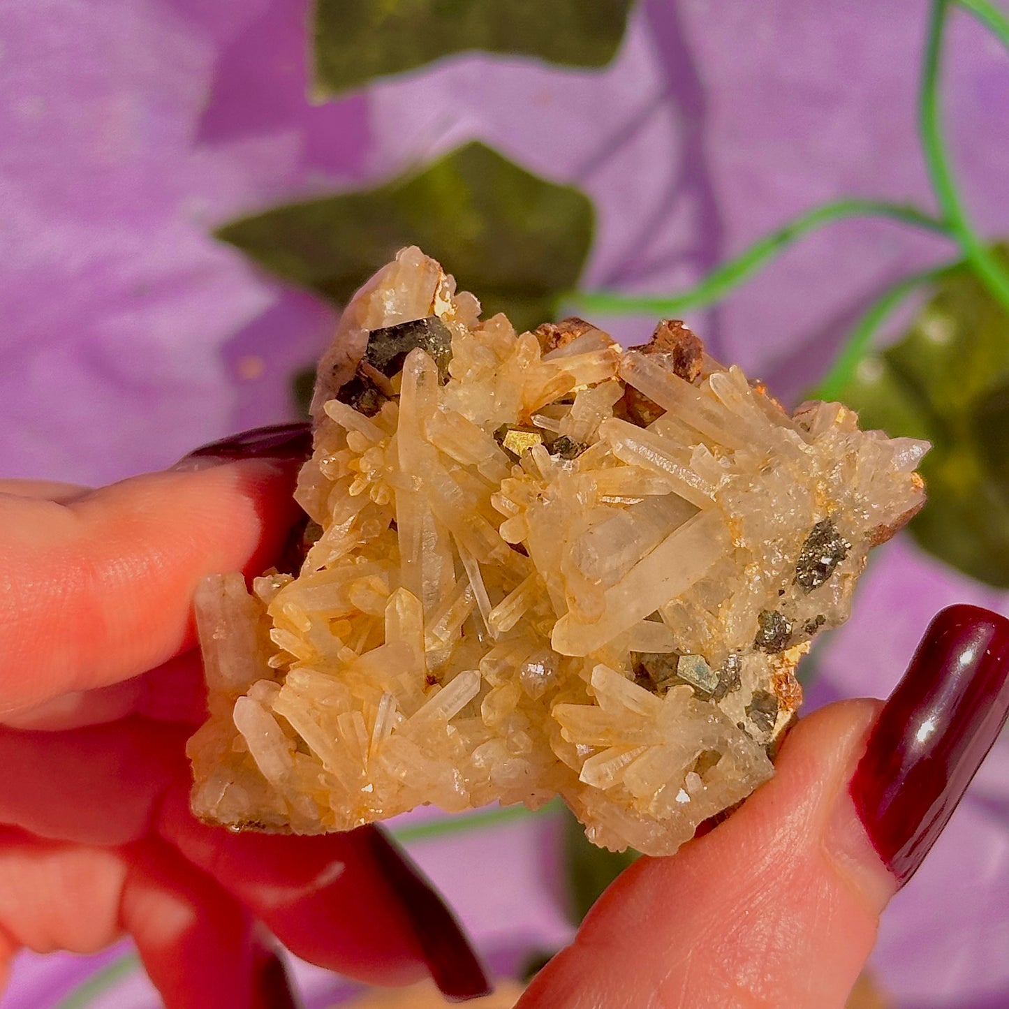 clear quartz with pyrite & golden healer inclusions cluster specimen
