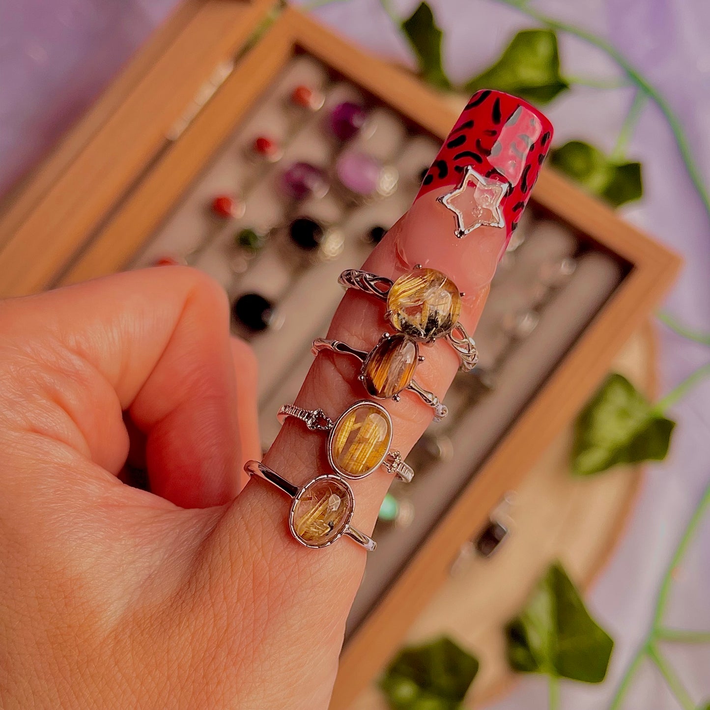 gold rutile quartz style B ~ 925 sterling silver adjustable rings / choose your own