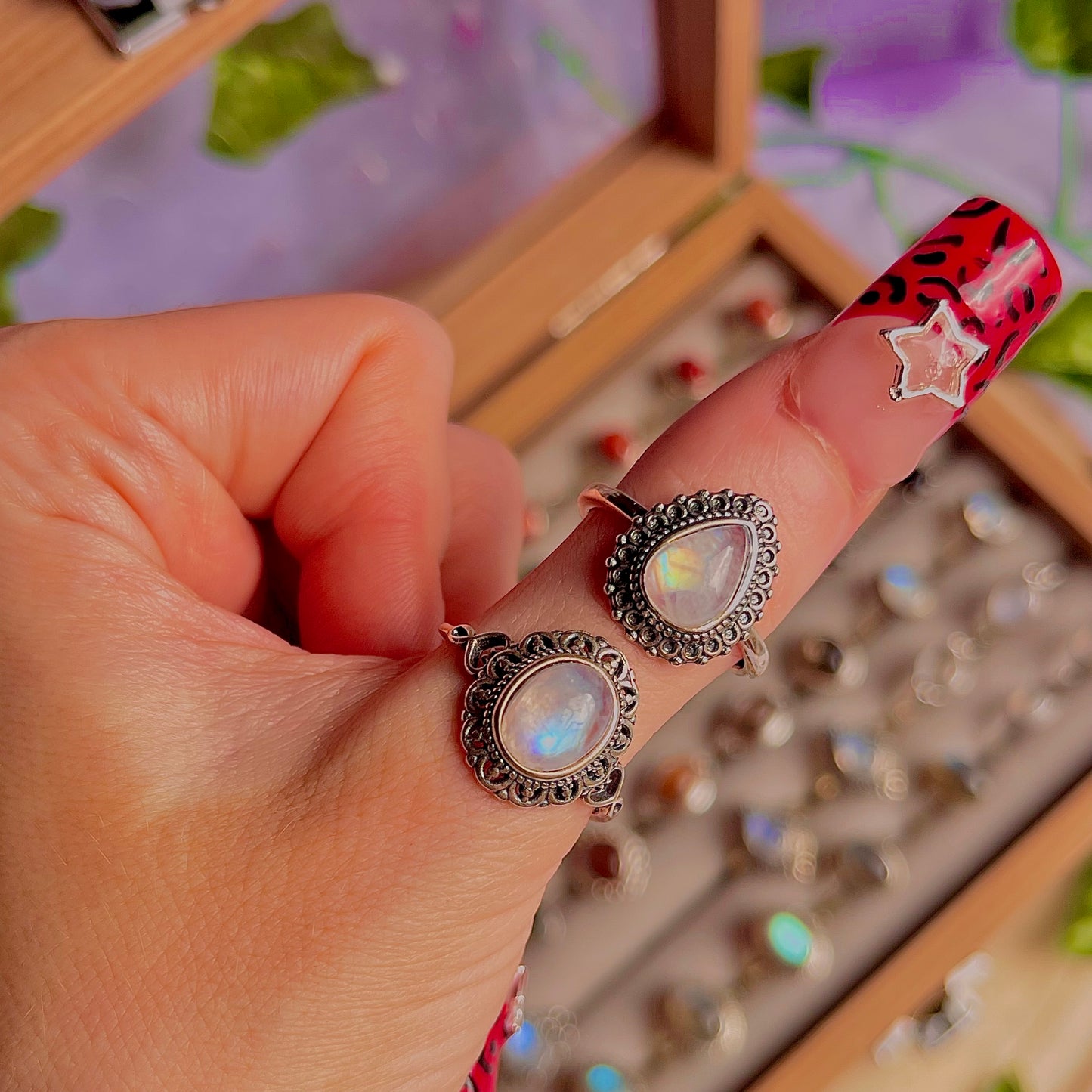 rainbow moonstone style C ~ 925 sterling silver adjustable rings / choose your own