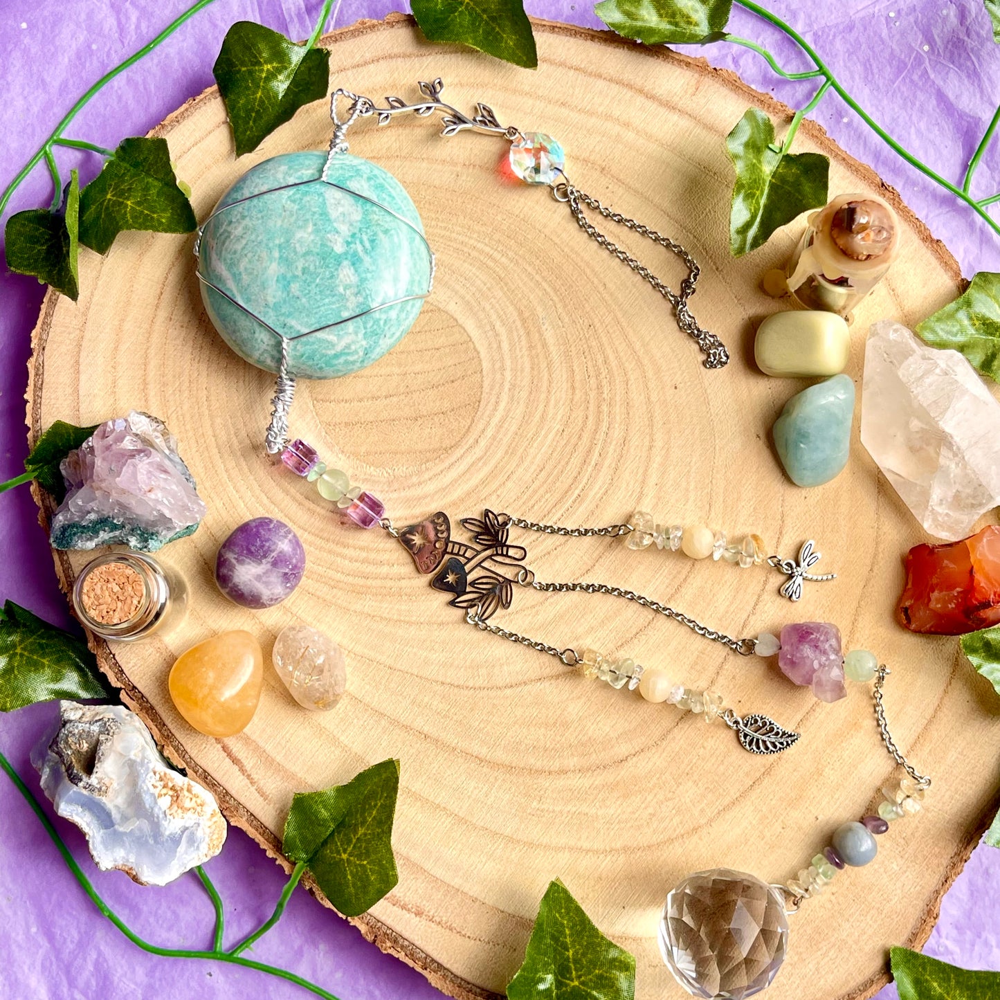 the magick tree sun catcher - amazonite, fluorite, amethyst, calcite, clear quartz, citrine & angelite