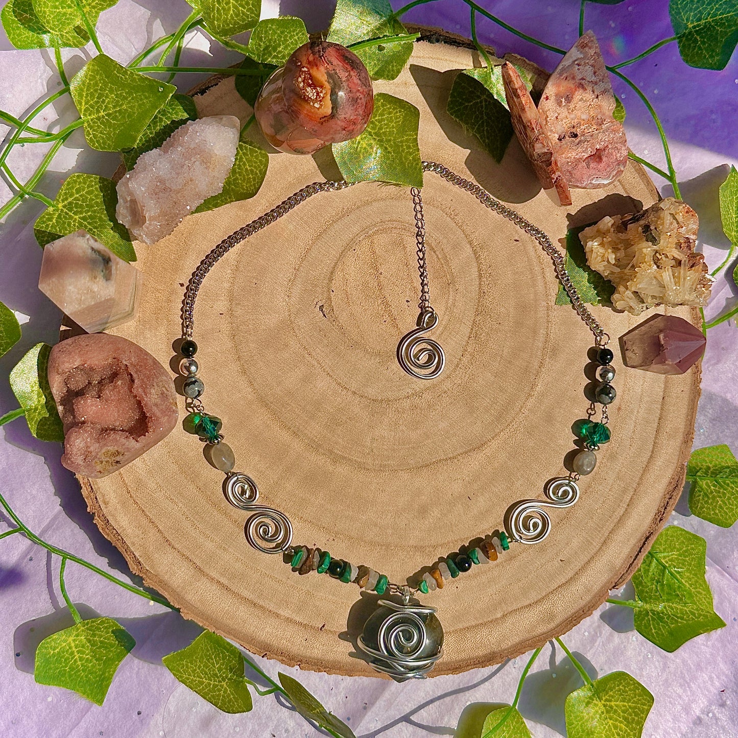 natures transformation necklace ~ labradorite, malachite, obsidian, snowflake obsidian, tigers eye, quartz