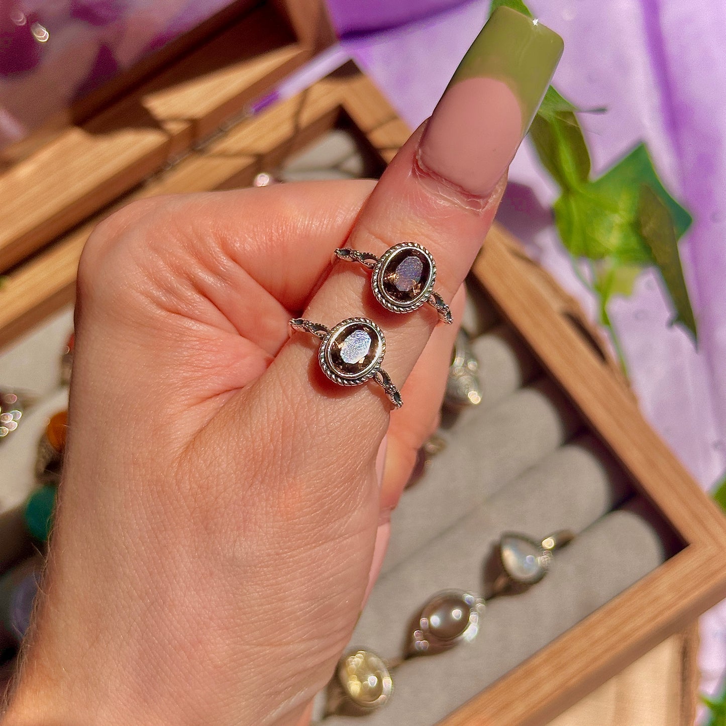smoky quartz faceted 925 sterling silver adjustable ring