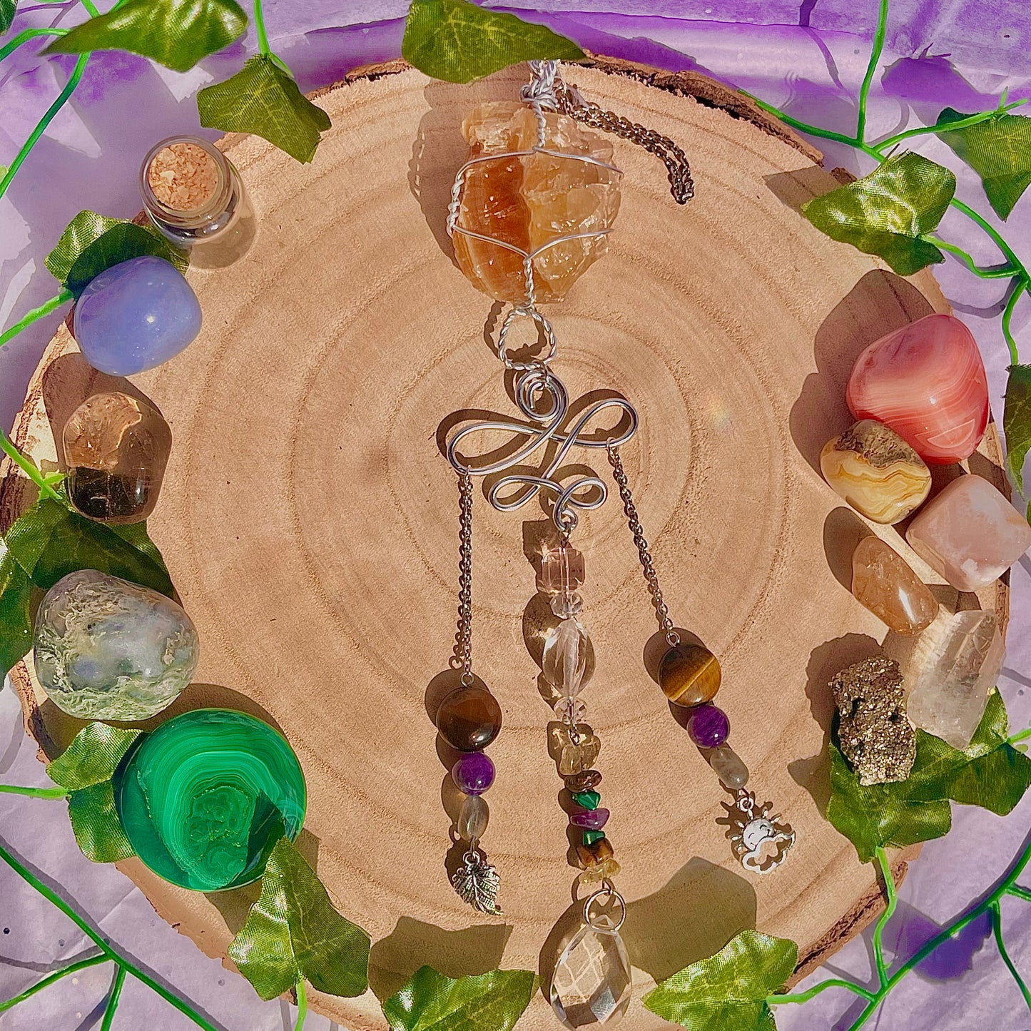 autumn sun suncatcher / wall hanging ~ honey calcite, tigers eye, amethyst, labradorite, malachite & citrine