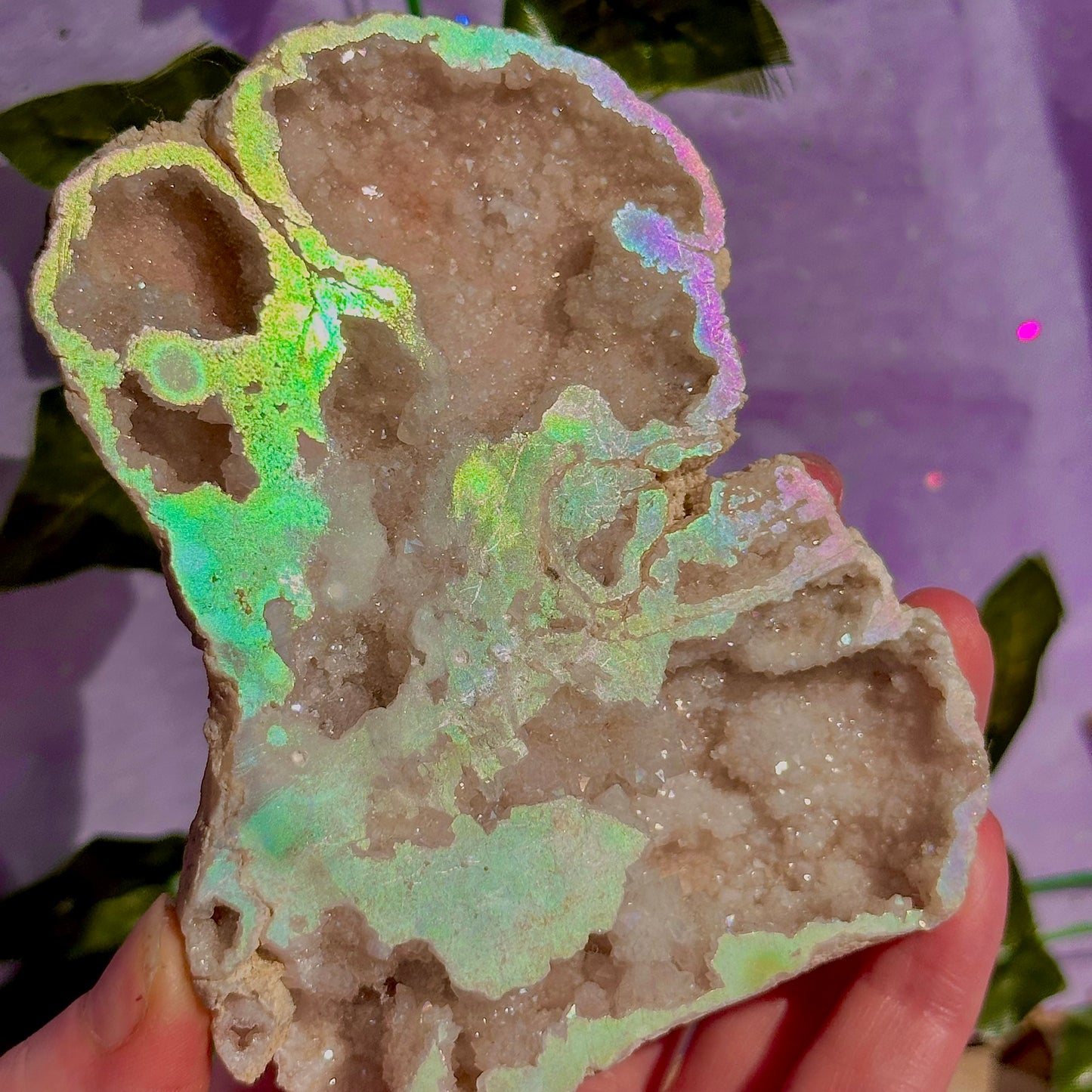 aura druzy quartz geode with stand