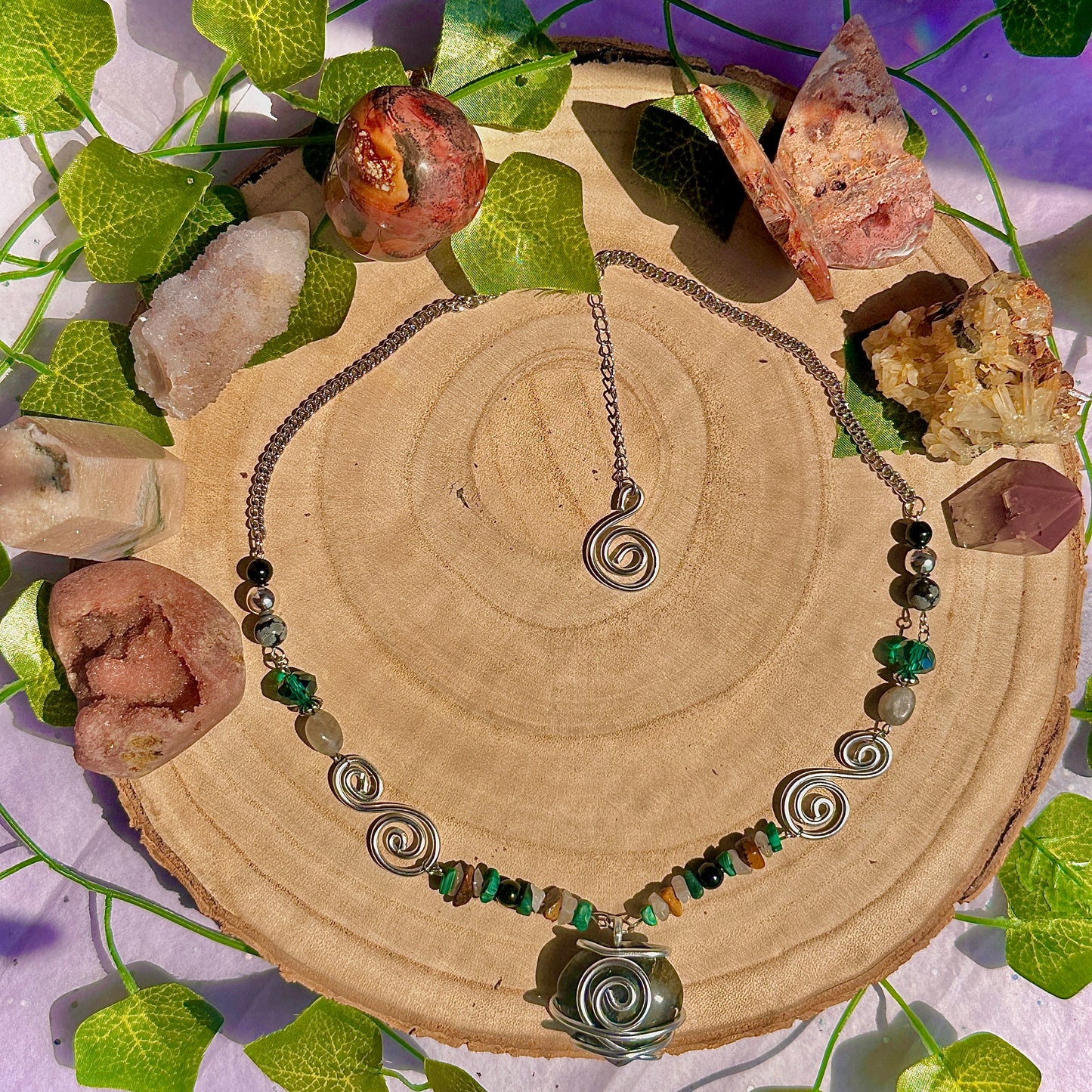 natures transformation necklace ~ labradorite, malachite, obsidian, snowflake obsidian, tigers eye, quartz