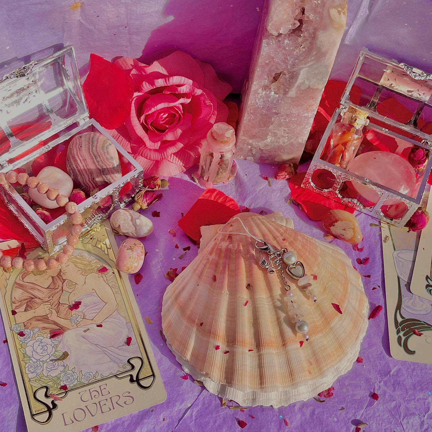 new love phone charm ~ amazonite, moonstone, rhodonite, rose quartz & faux pearls