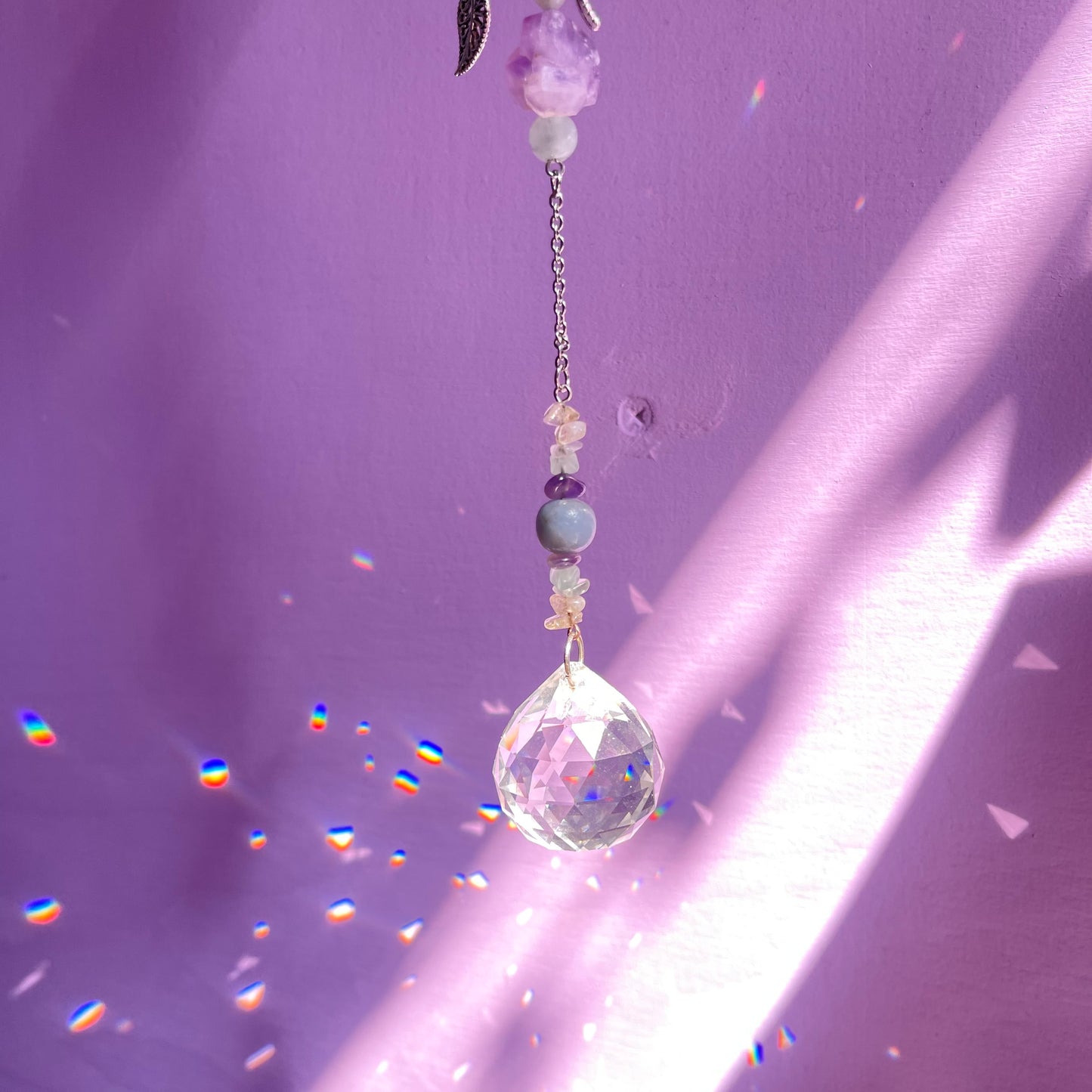 the magick tree sun catcher - amazonite, fluorite, amethyst, calcite, clear quartz, citrine & angelite