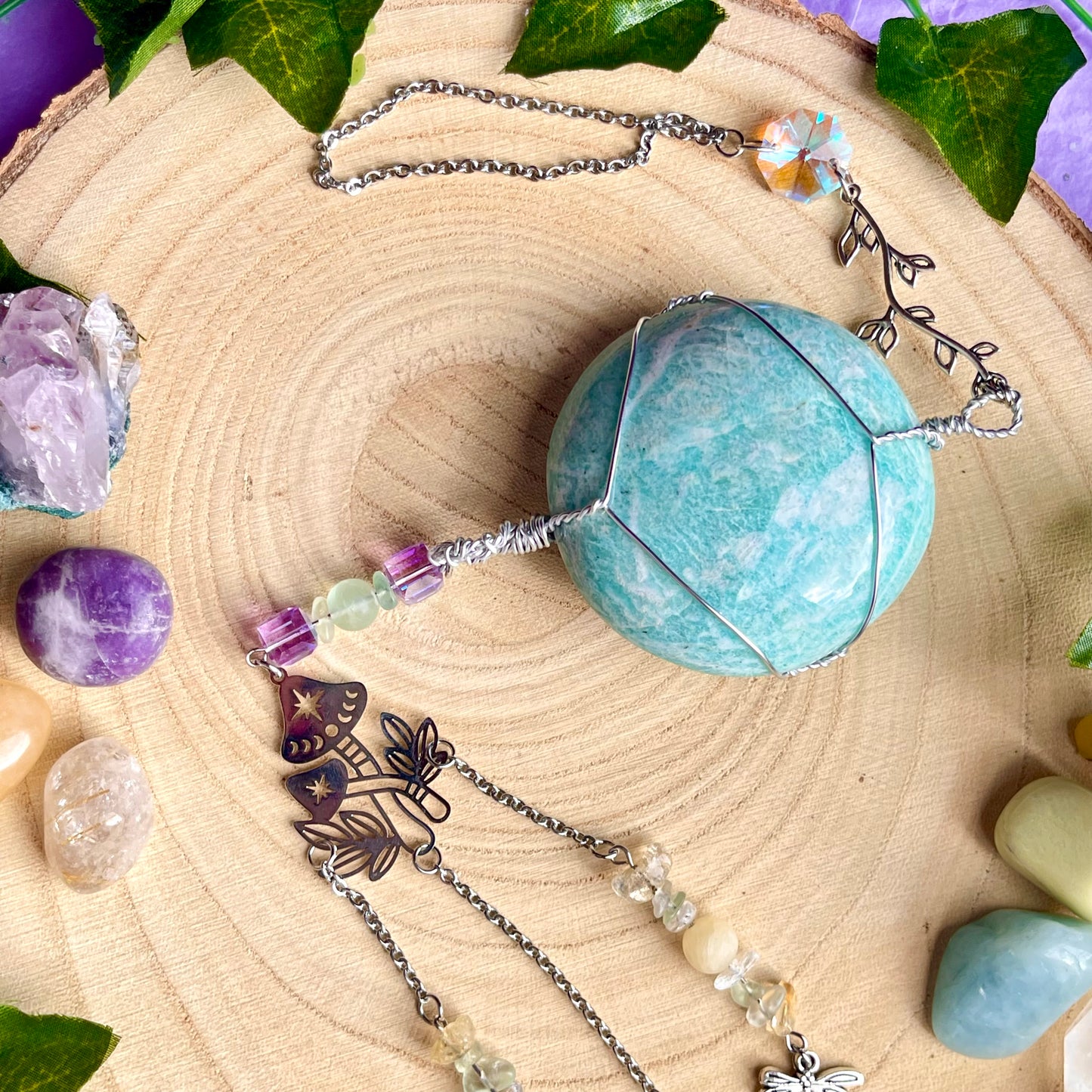 the magick tree sun catcher - amazonite, fluorite, amethyst, calcite, clear quartz, citrine & angelite