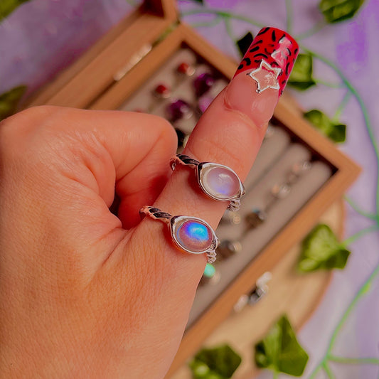 rainbow moonstone style E ~ 925 sterling silver adjustable rings / intuitively chosen