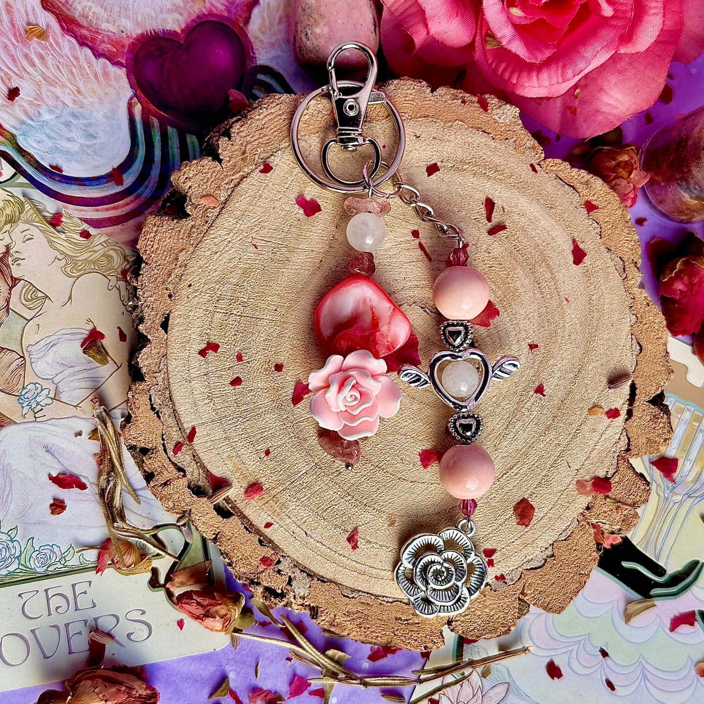 breloque de sac / porte-clés ange rose ~ quartz rose & quartz fraise