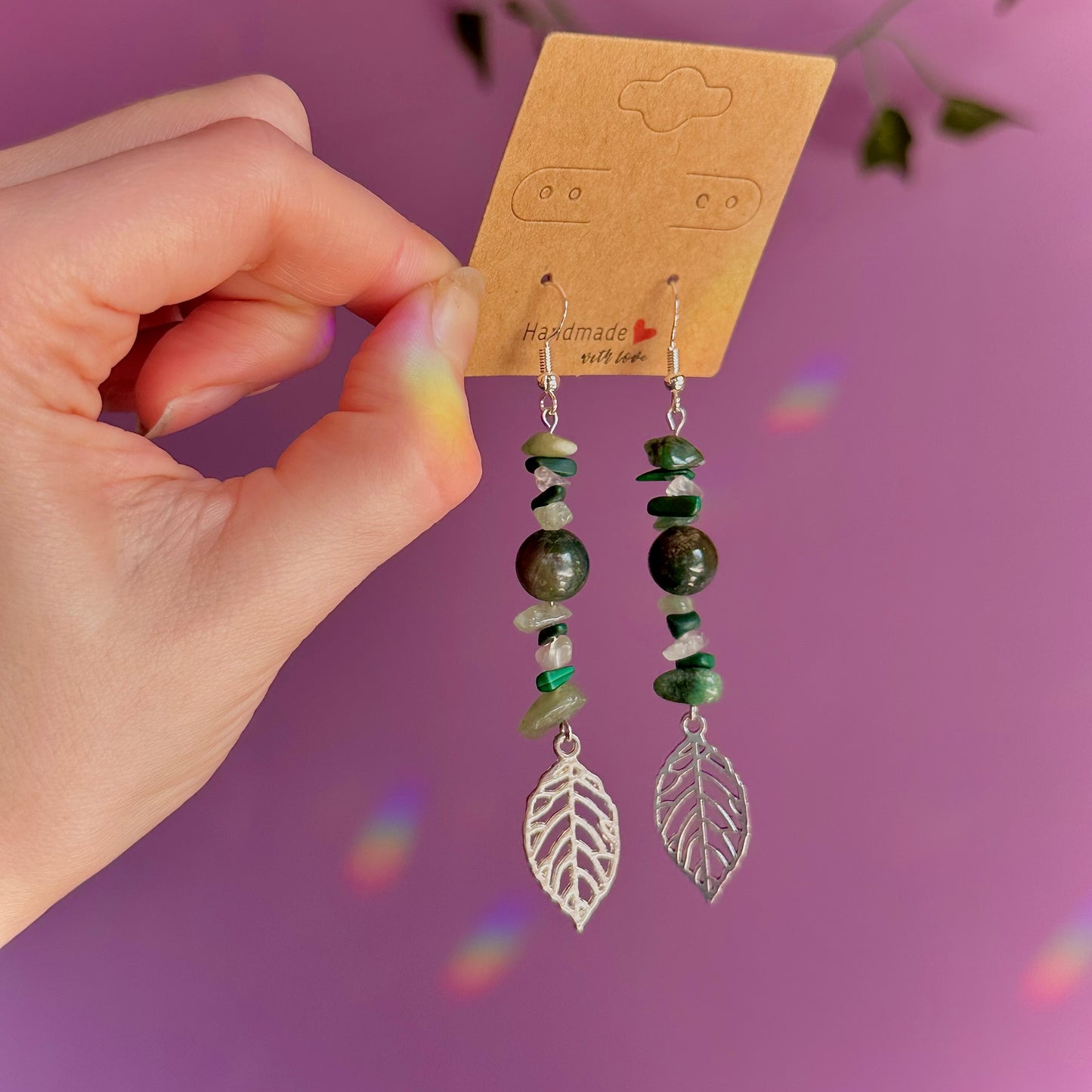 leaf earrings on 925 hooks ~ aventurine, malachite, moss agate, fluorite