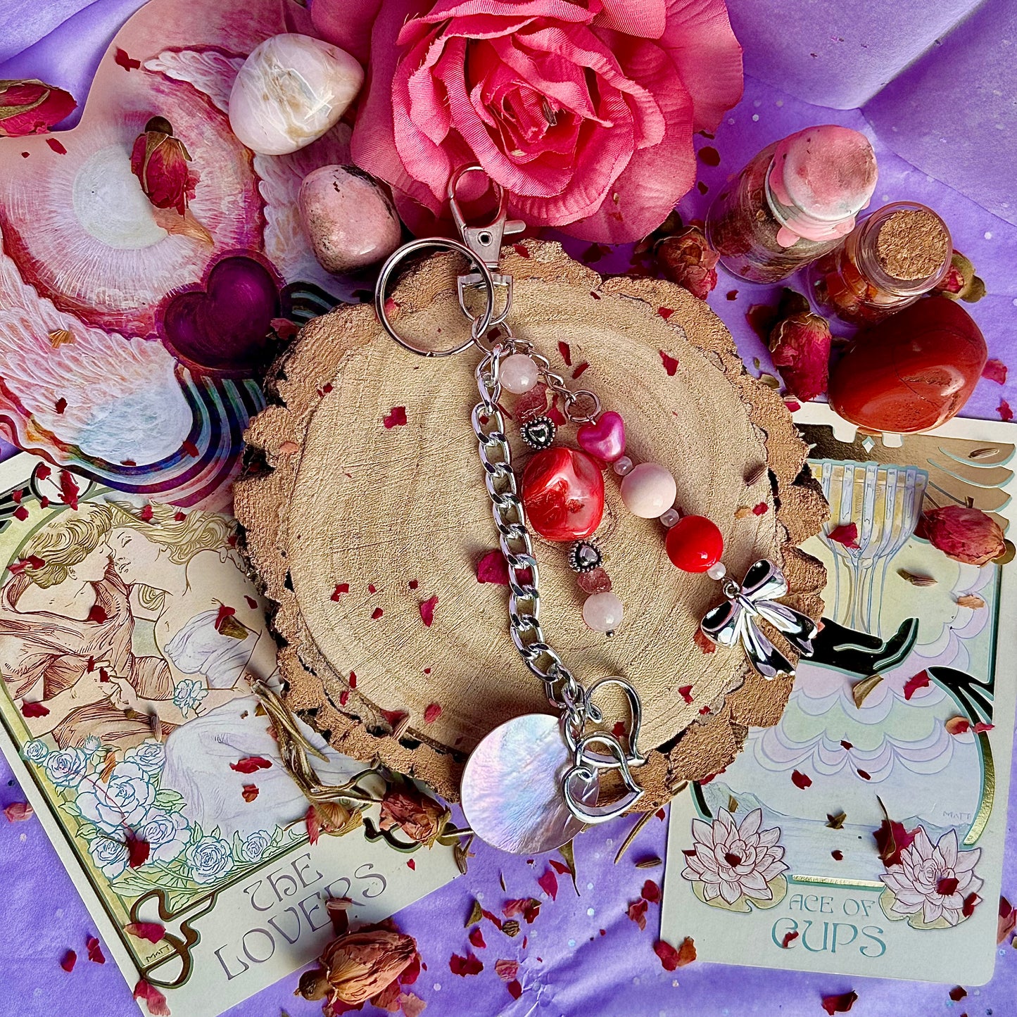 breloque de sac / porte-clés nœud ~ quartz rose et quartz fraise