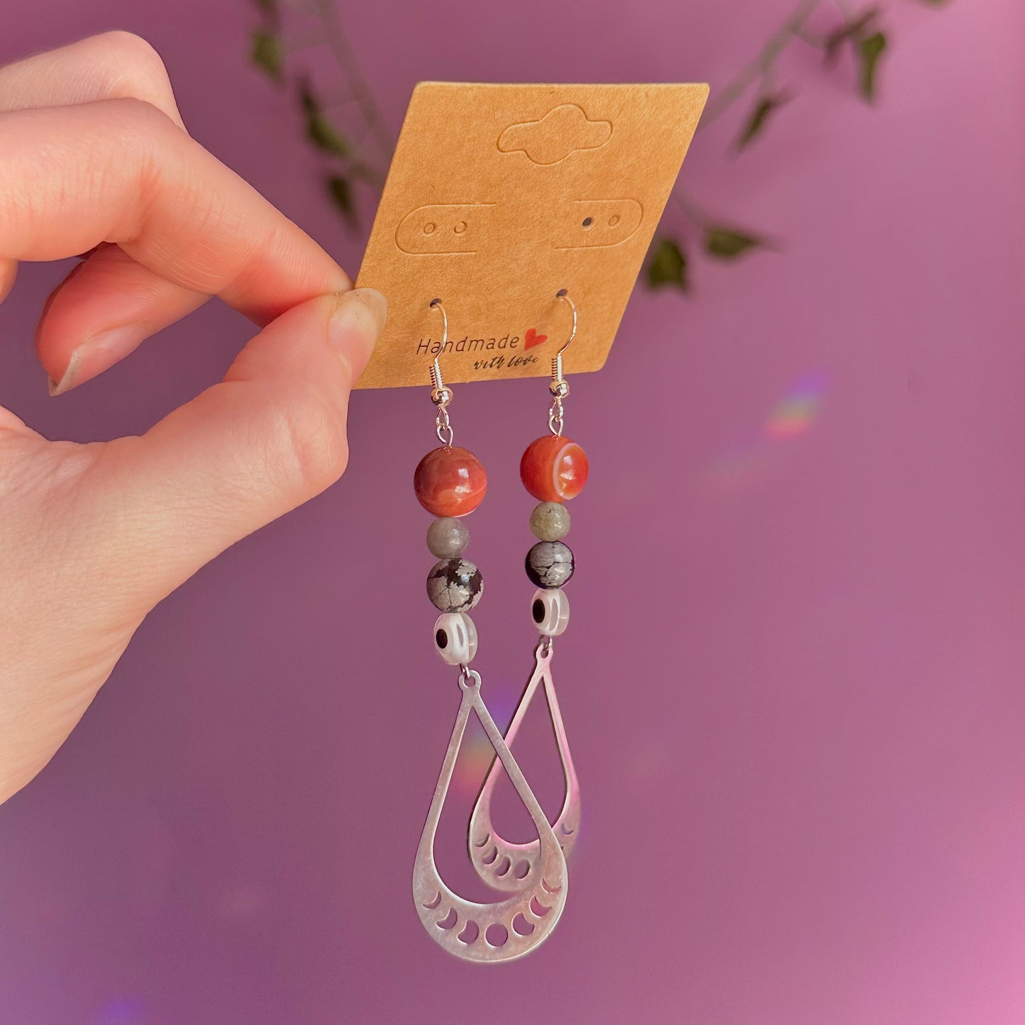 moon phase earrings on 925 hooks ~ carnelian, snowflake obsidian, labradorite