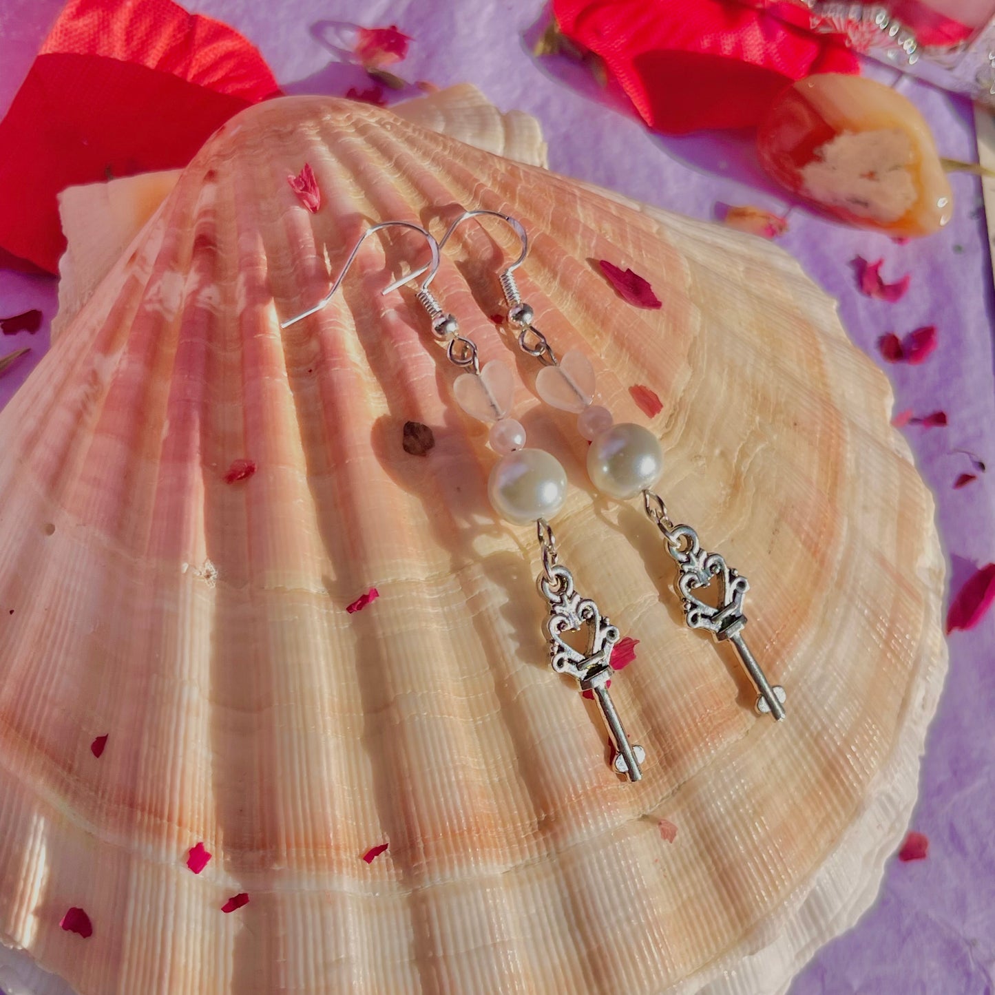 key to my heart earrings on 925 sterling silver hooks ~ rose quartz with faux pearls