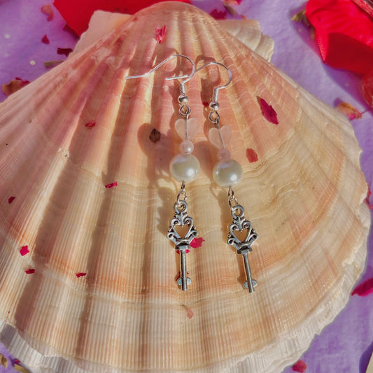 key to my heart earrings on 925 sterling silver hooks ~ rose quartz with faux pearls