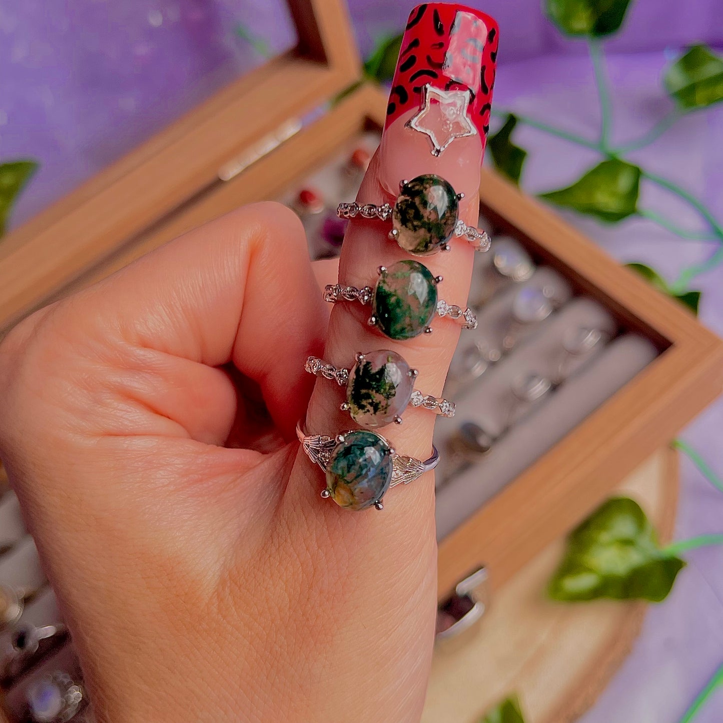moss agate style B ~ 925 sterling silver adjustable rings / choose your own