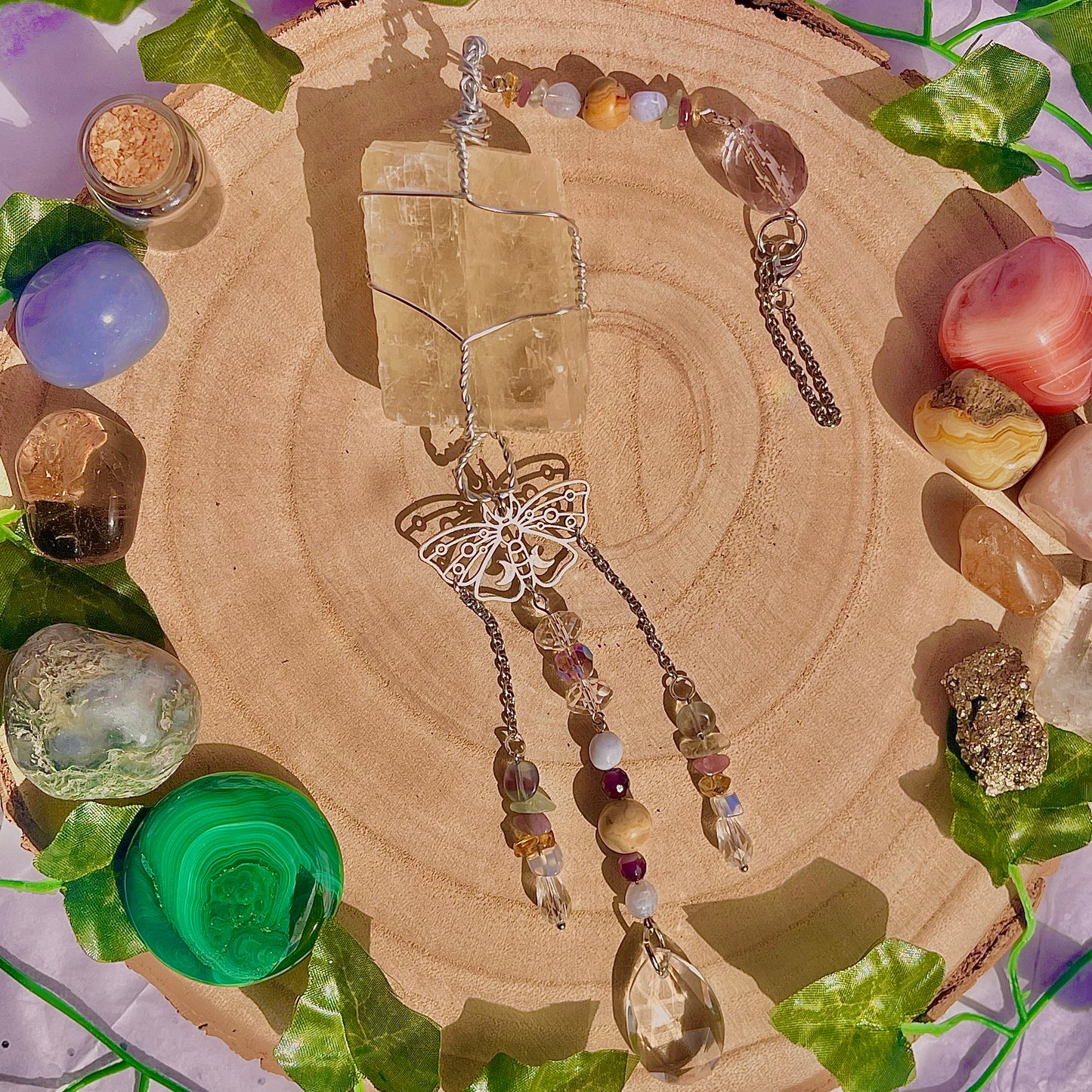 butterfly garden suncatcher / wall hanging ~ optical calcite, crazy lace, blue lace, citrine, lepidolite, fluorite & amethyst