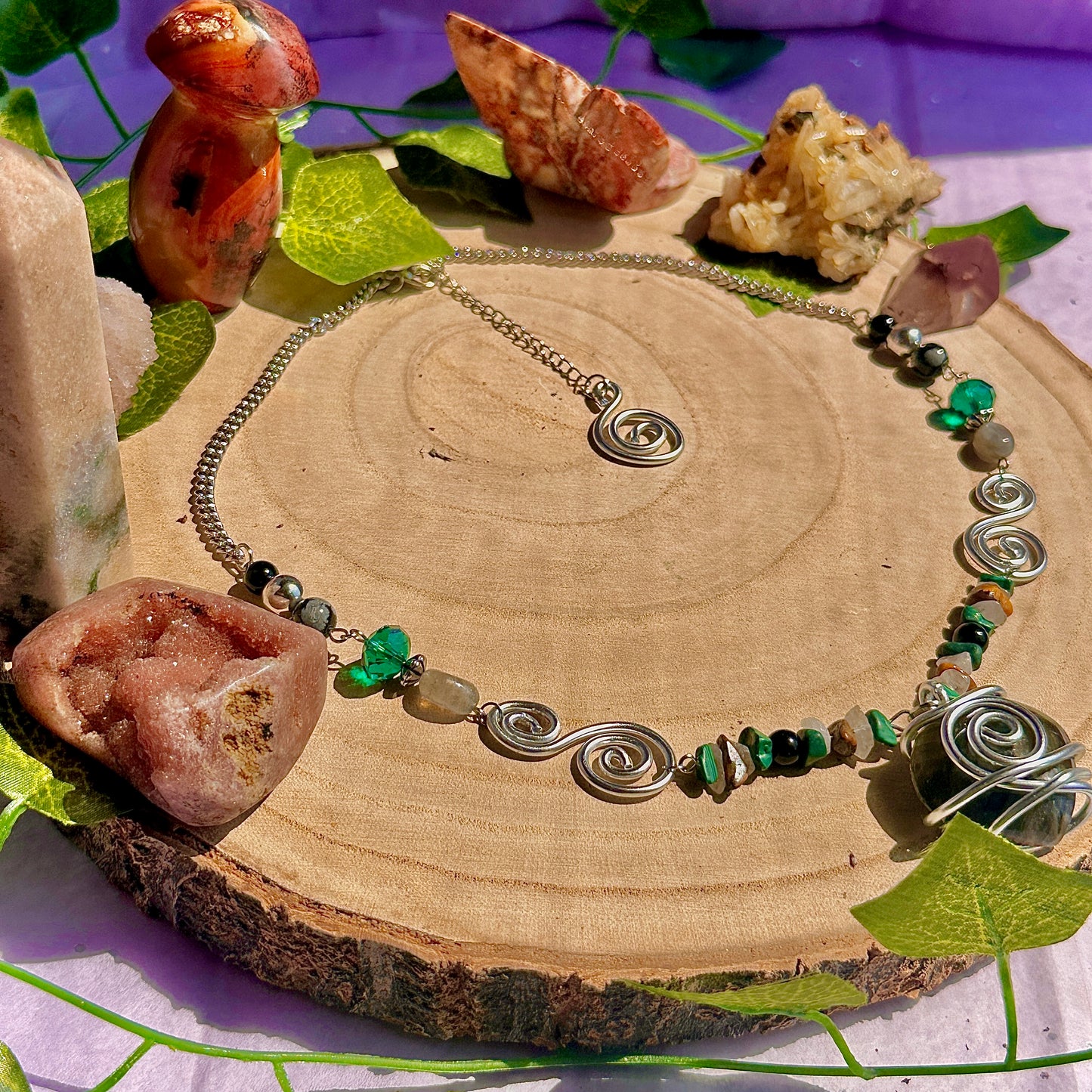 natures transformation necklace ~ labradorite, malachite, obsidian, snowflake obsidian, tigers eye, quartz