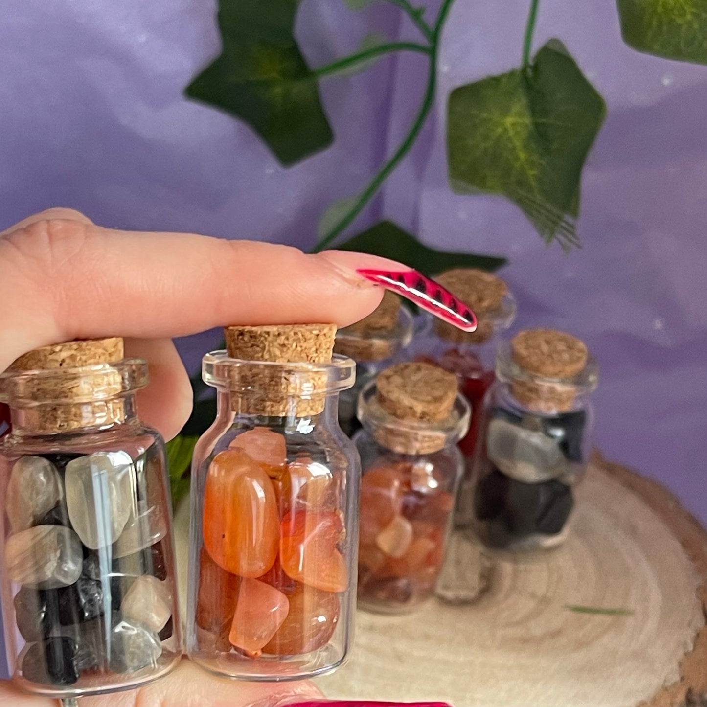 crystal vials - carnelian, black tourmaline & black moonstone