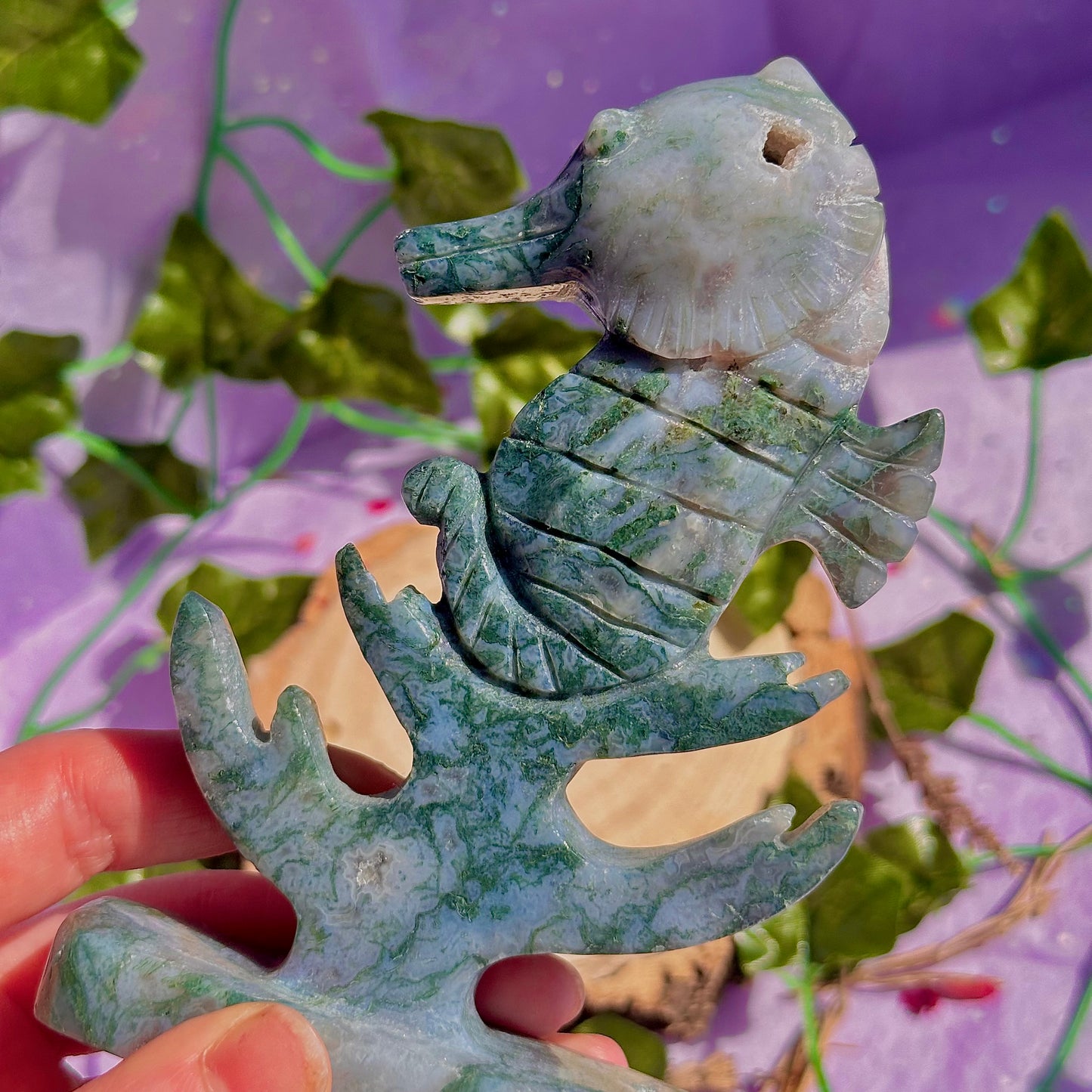 moss agate sea horse carving ~ self standing