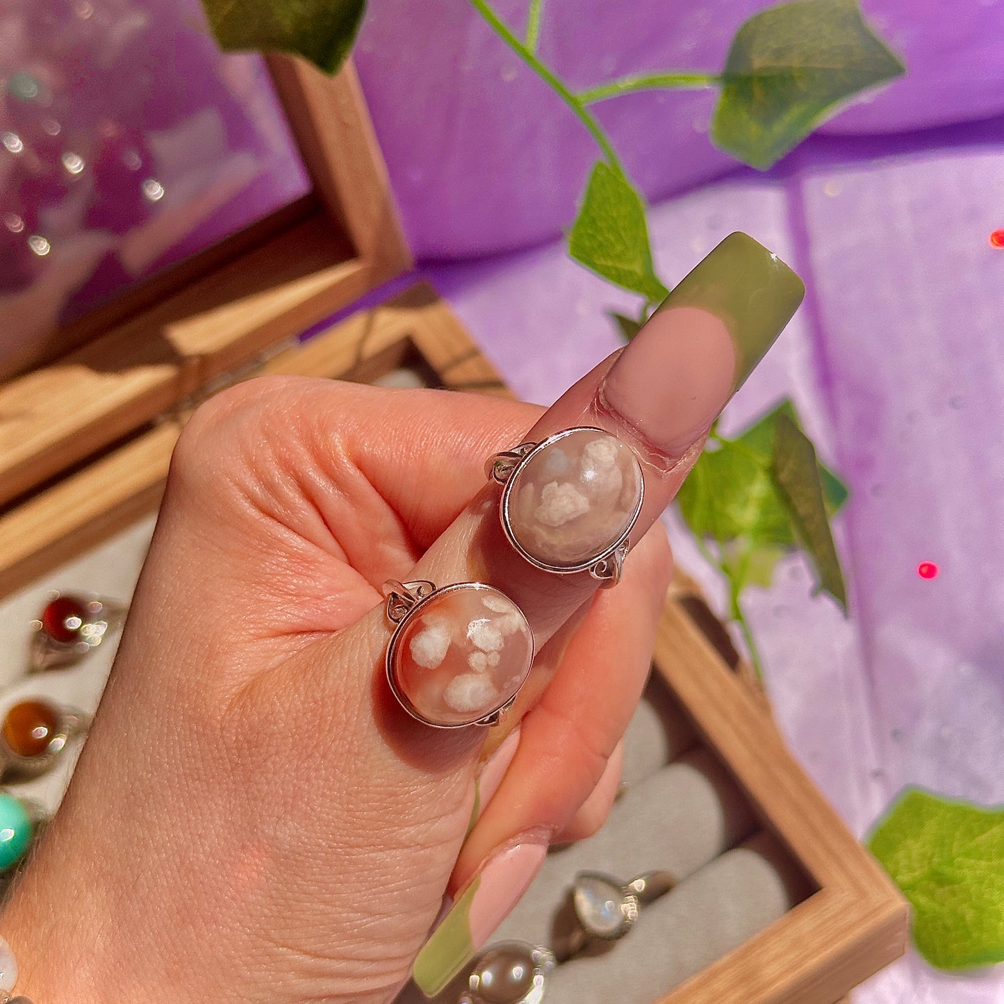 flower agate 925 sterling silver adjustable ring