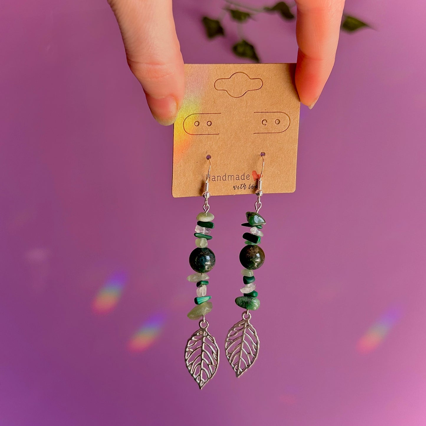leaf earrings on 925 hooks ~ aventurine, malachite, moss agate, fluorite