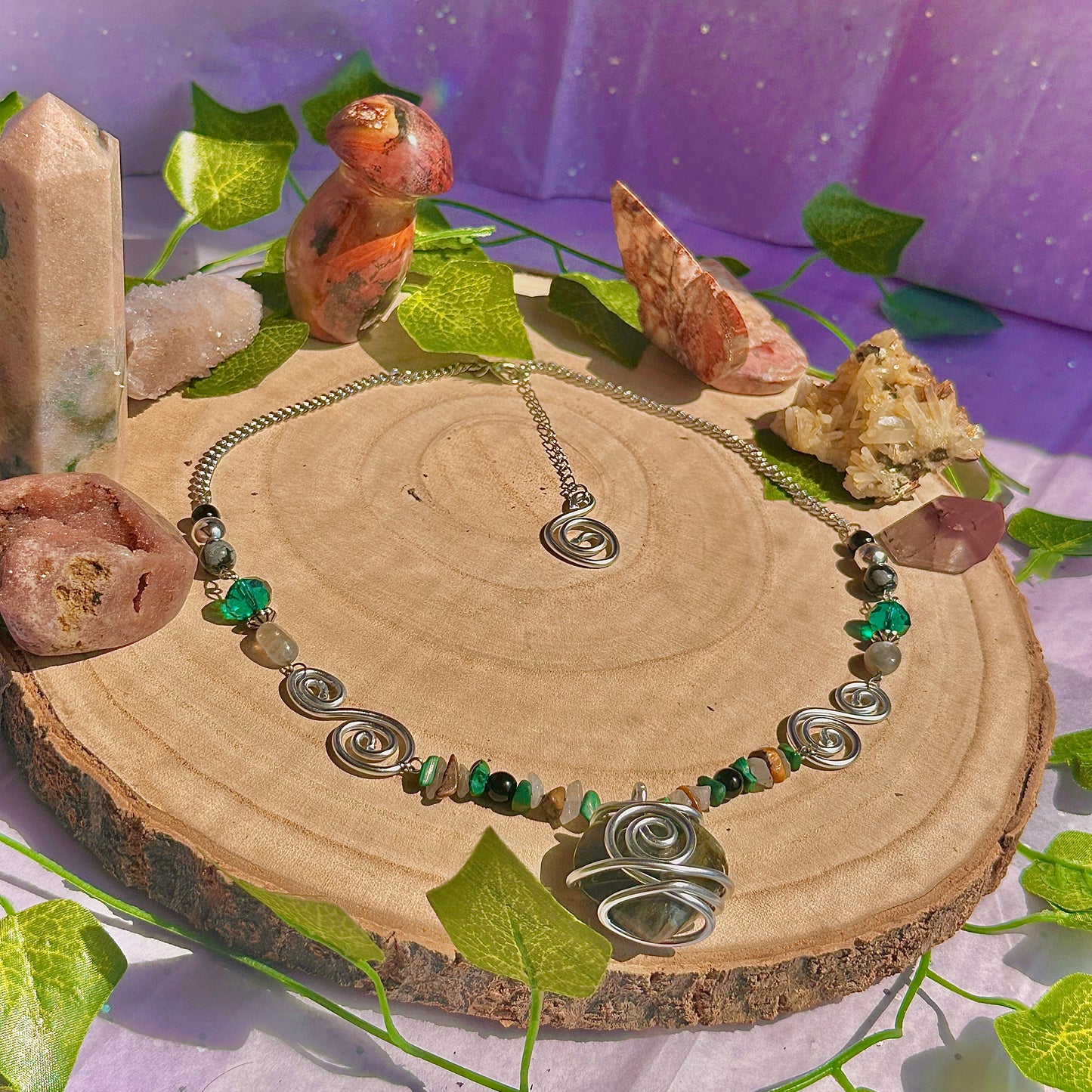 natures transformation necklace ~ labradorite, malachite, obsidian, snowflake obsidian, tigers eye, quartz