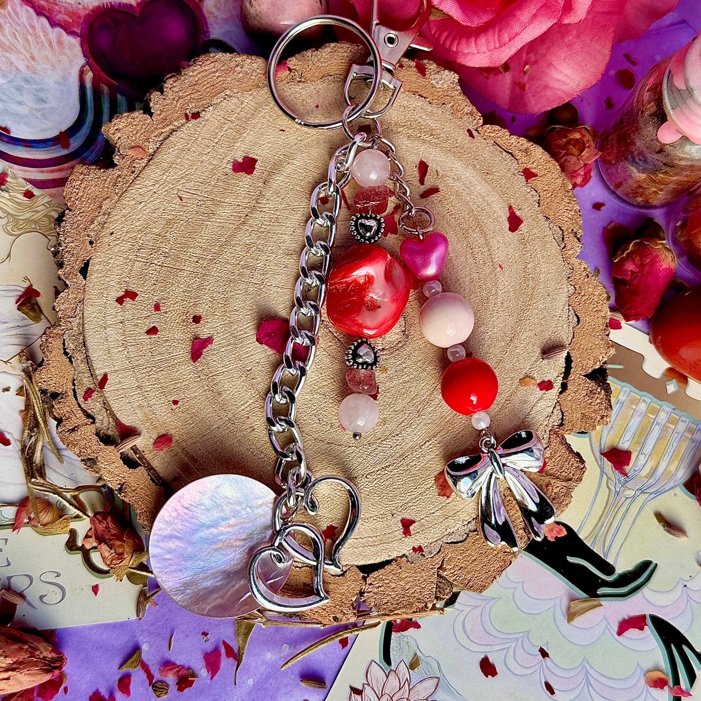 breloque de sac / porte-clés nœud ~ quartz rose et quartz fraise