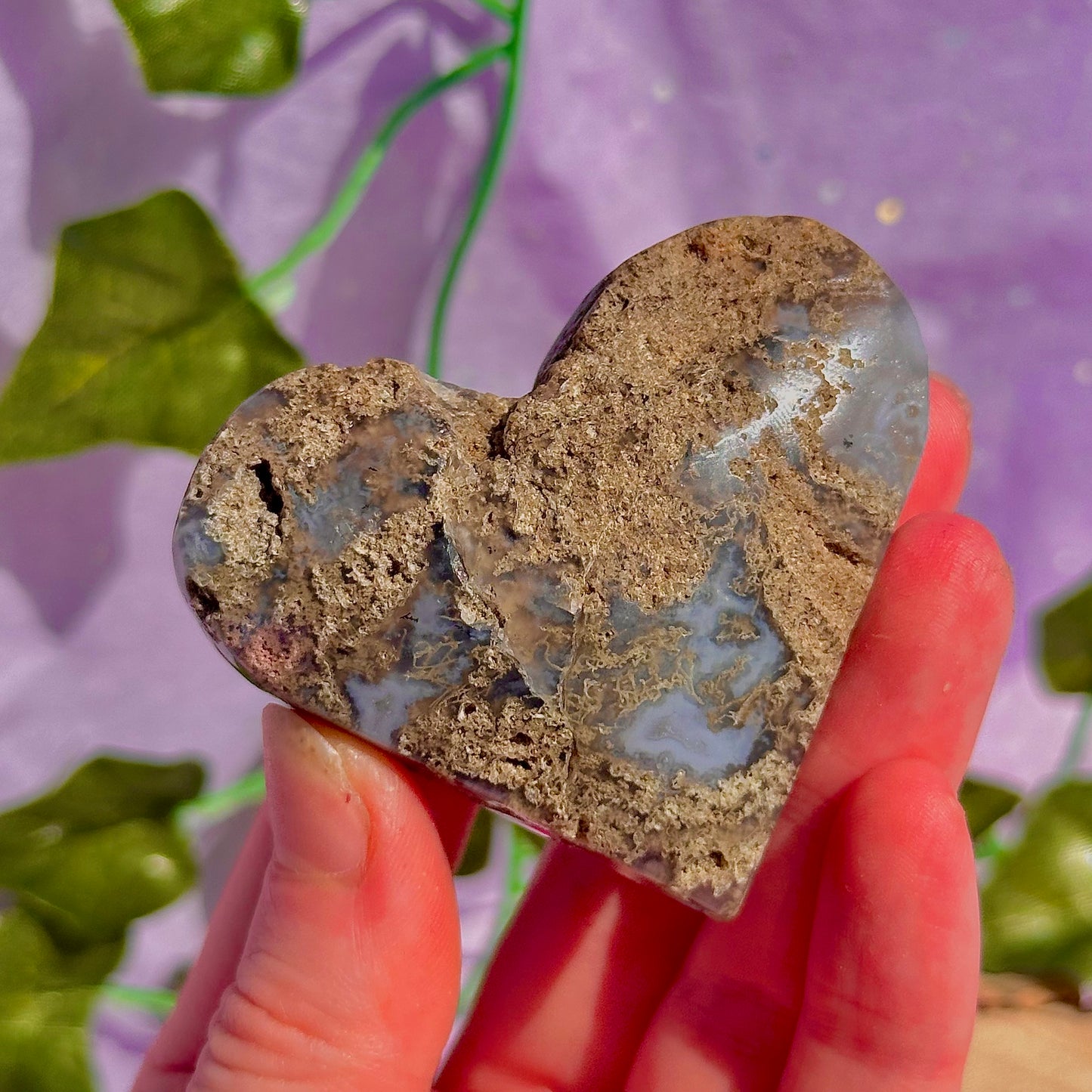 moss agate heart carving with stand