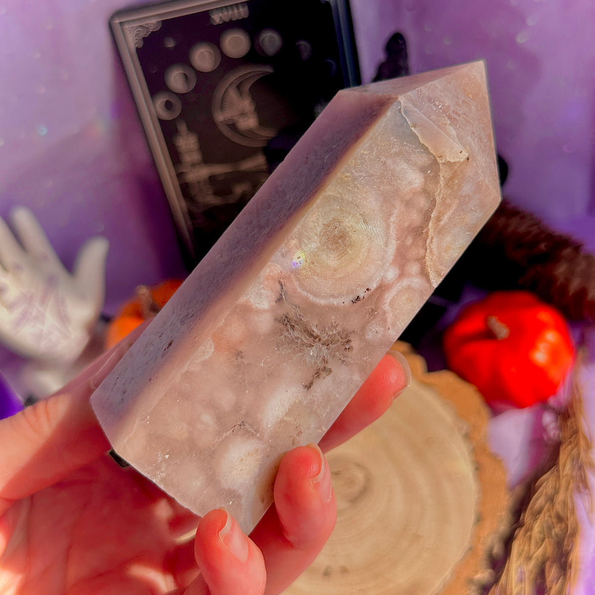 pink amethyst x flower agate chunky tower with dendrites
