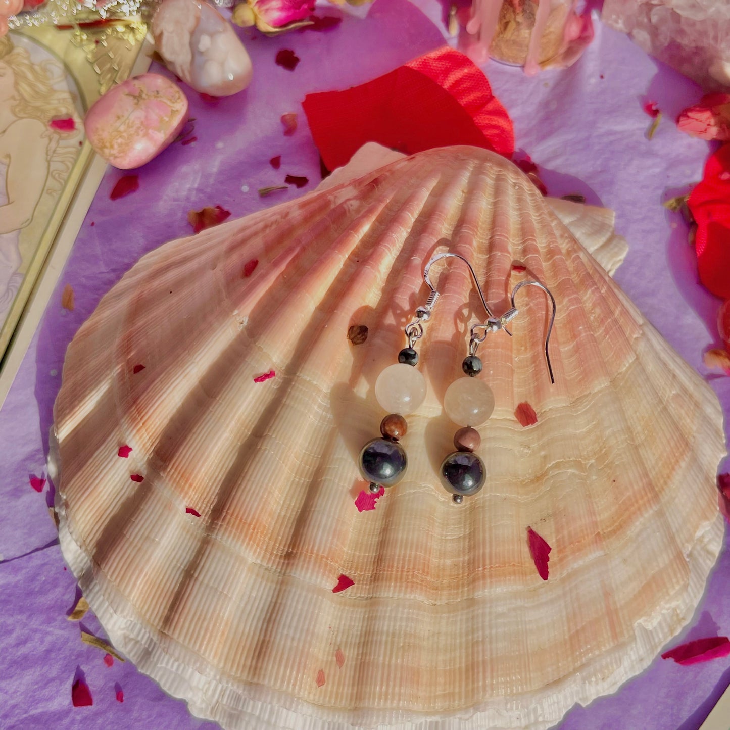 protected love earrings on 925 sterling silver hooks ~ snowflake obsidian, morganite, rhodonite & hematite