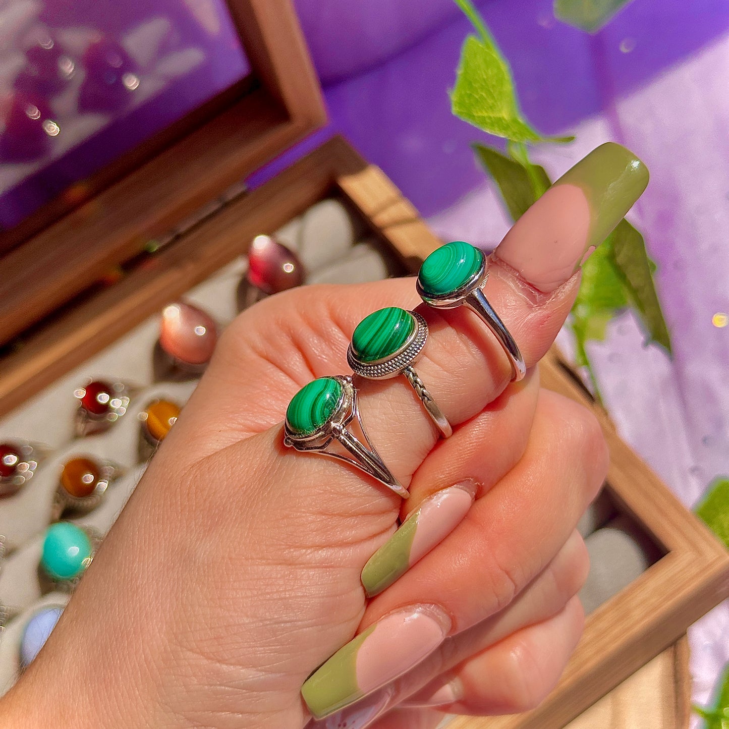 malachite 925 sterling silver adjustable ring