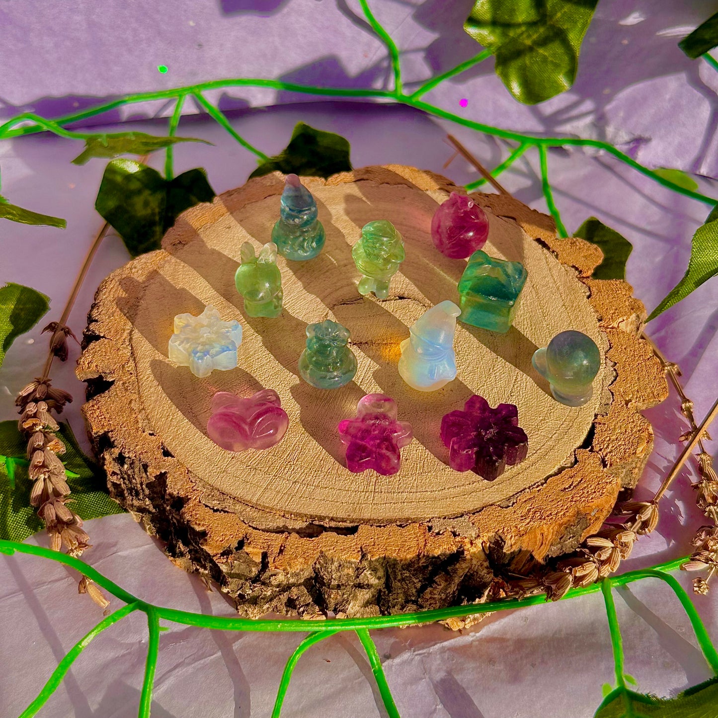 rainbow fluorite & opalite mini mystery christmas carvings ~ intuitively chosen