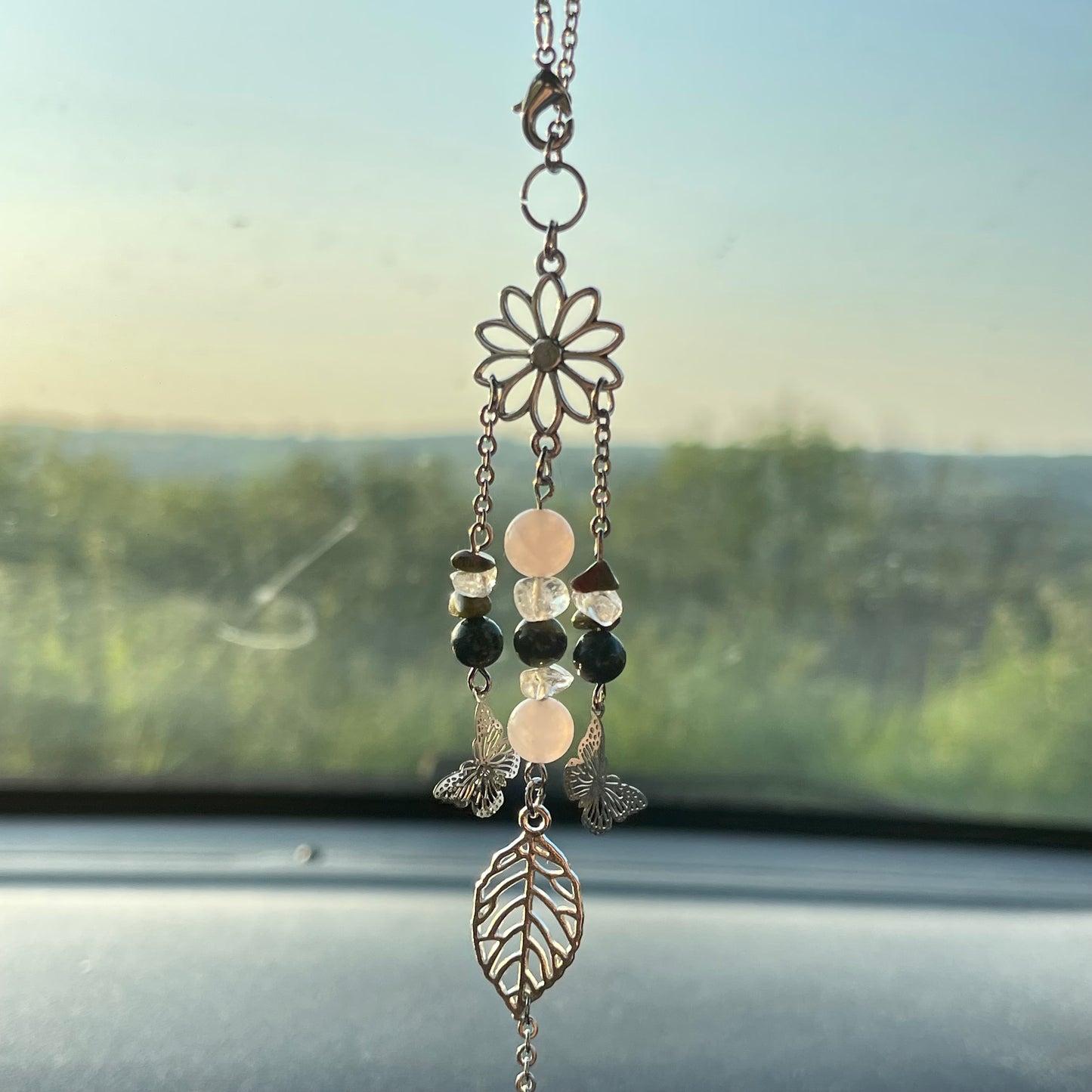 balance car charm - moss agate, unakite, rose quartz & clear quartz