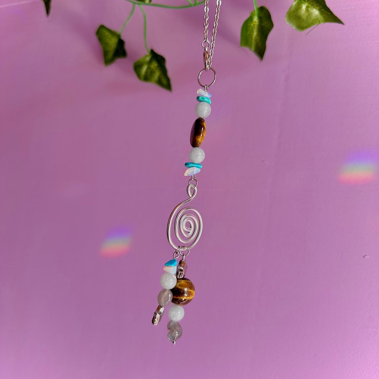 starry spiral car charm ~ aquamarine, tigers eye, opalite, dyed howlite, labradorite