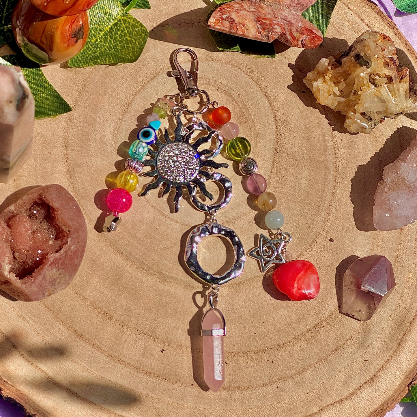 summer mixture bag charm ~ rose quartz, aquamarine, fluorite, lepidolite, peridot, citrine, blue howlite