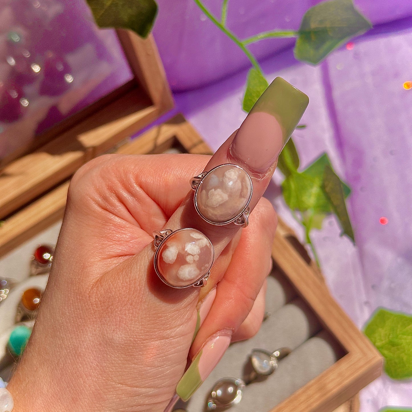 flower agate 925 sterling silver adjustable ring