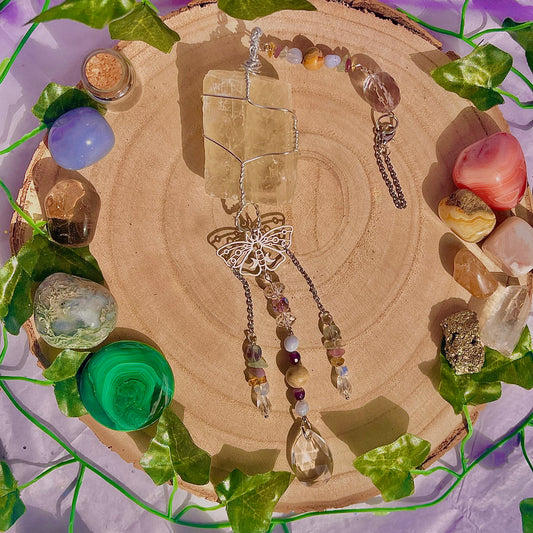 butterfly garden suncatcher / wall hanging ~ optical calcite, crazy lace, blue lace, citrine, lepidolite, fluorite & amethyst