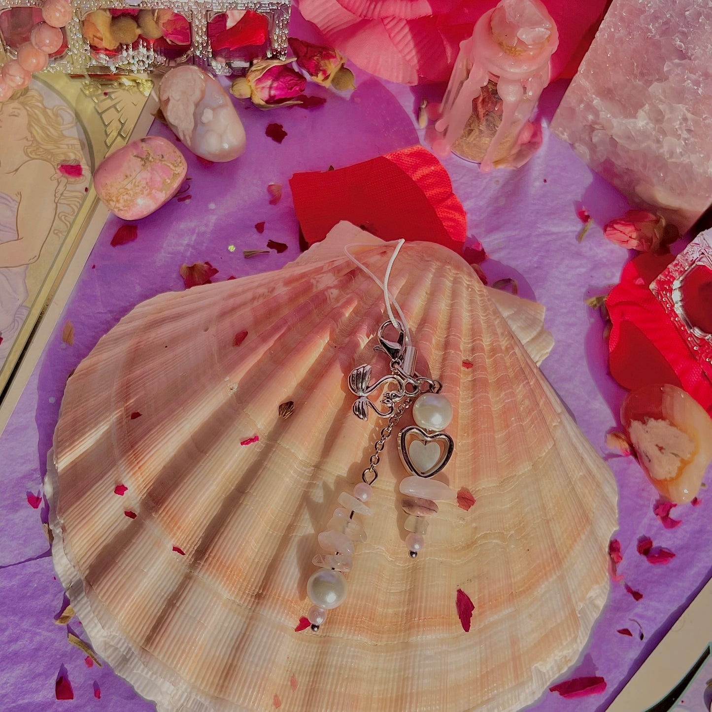 new love phone charm ~ amazonite, moonstone, rhodonite, rose quartz & faux pearls