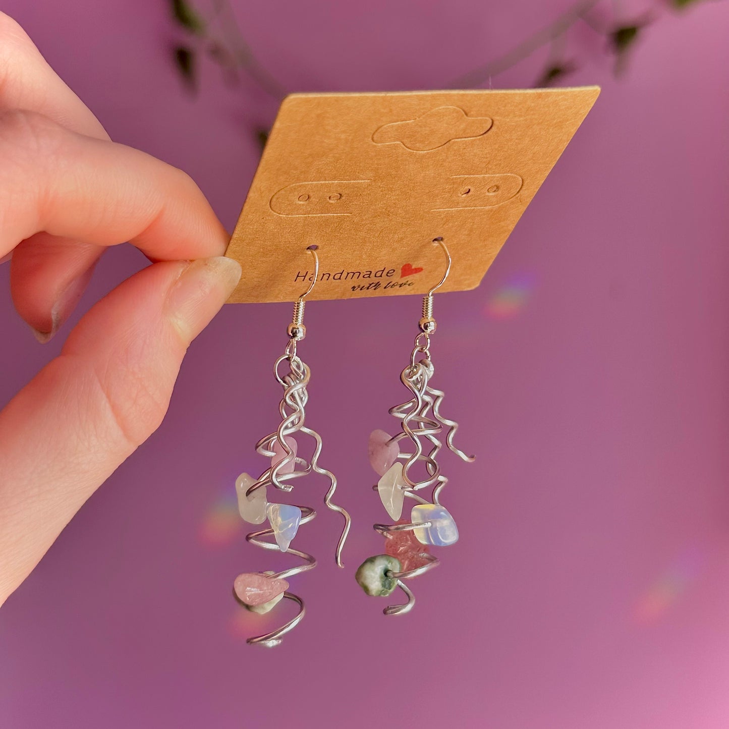 spiral earrings on 925 hooks ~ opalite, tree agate, lepidolite, strawberry quartz