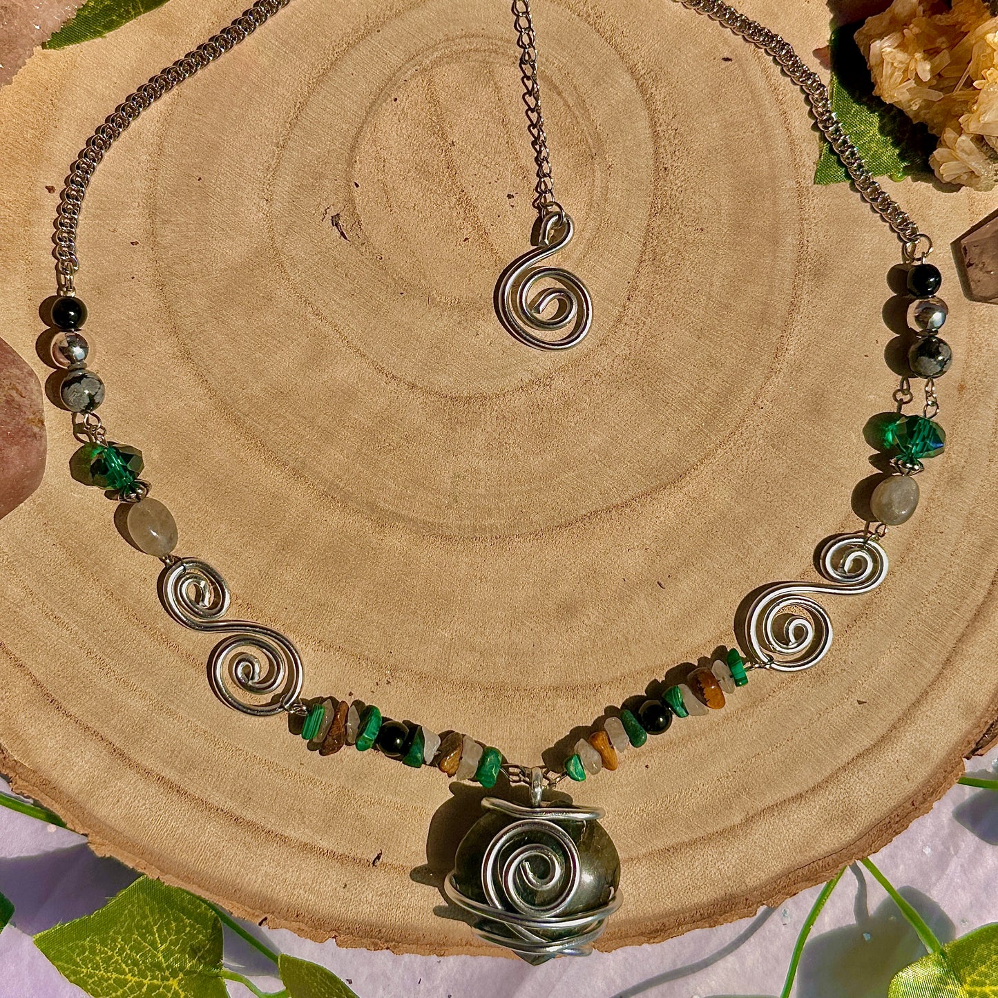 natures transformation necklace ~ labradorite, malachite, obsidian, snowflake obsidian, tigers eye, quartz