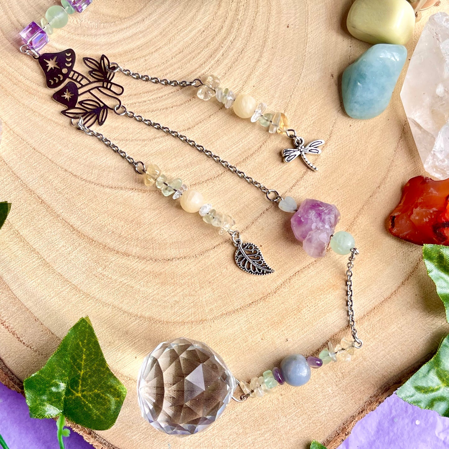 the magick tree sun catcher - amazonite, fluorite, amethyst, calcite, clear quartz, citrine & angelite