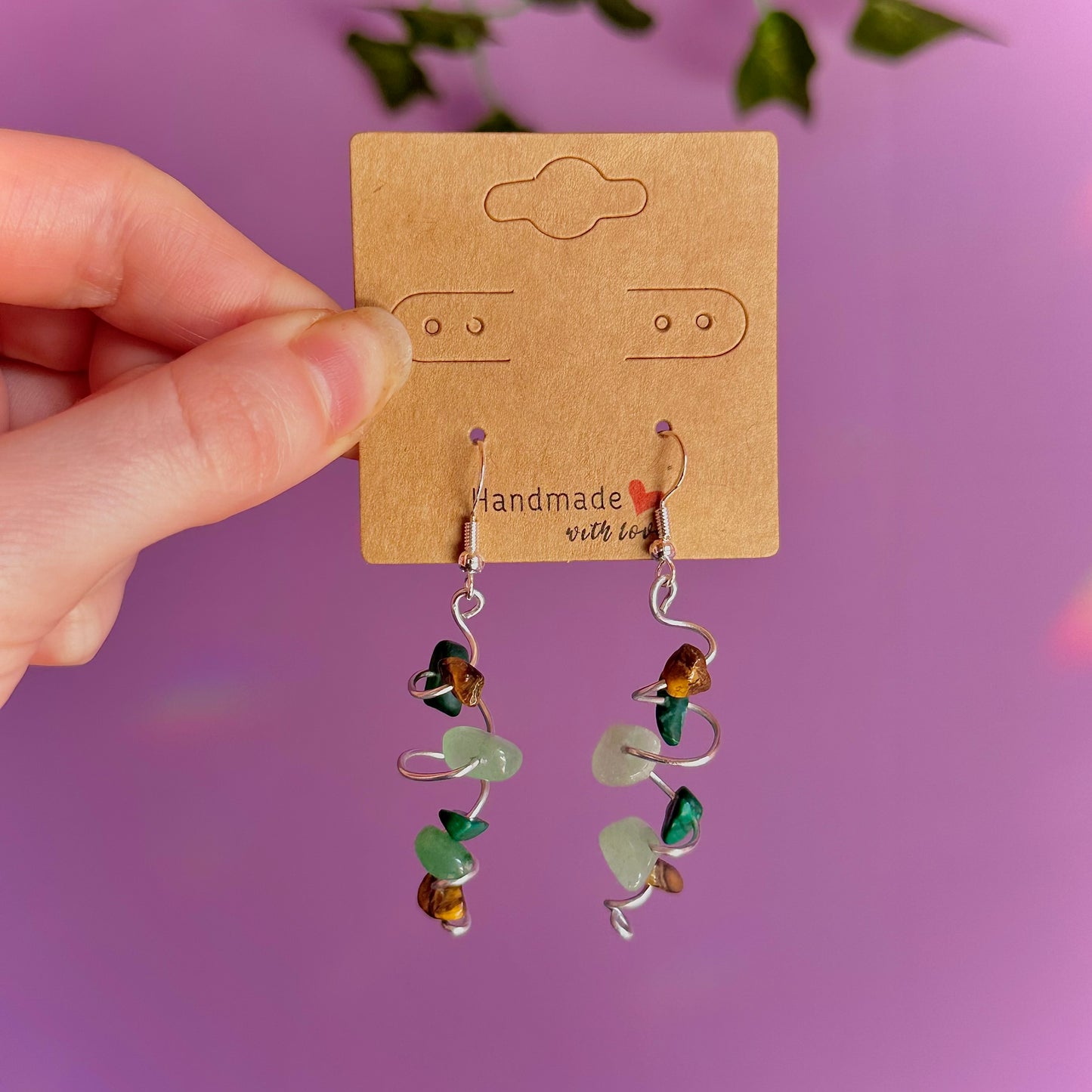 spiral earrings on 925 hooks ~ malachite, tigers eye, aventurine