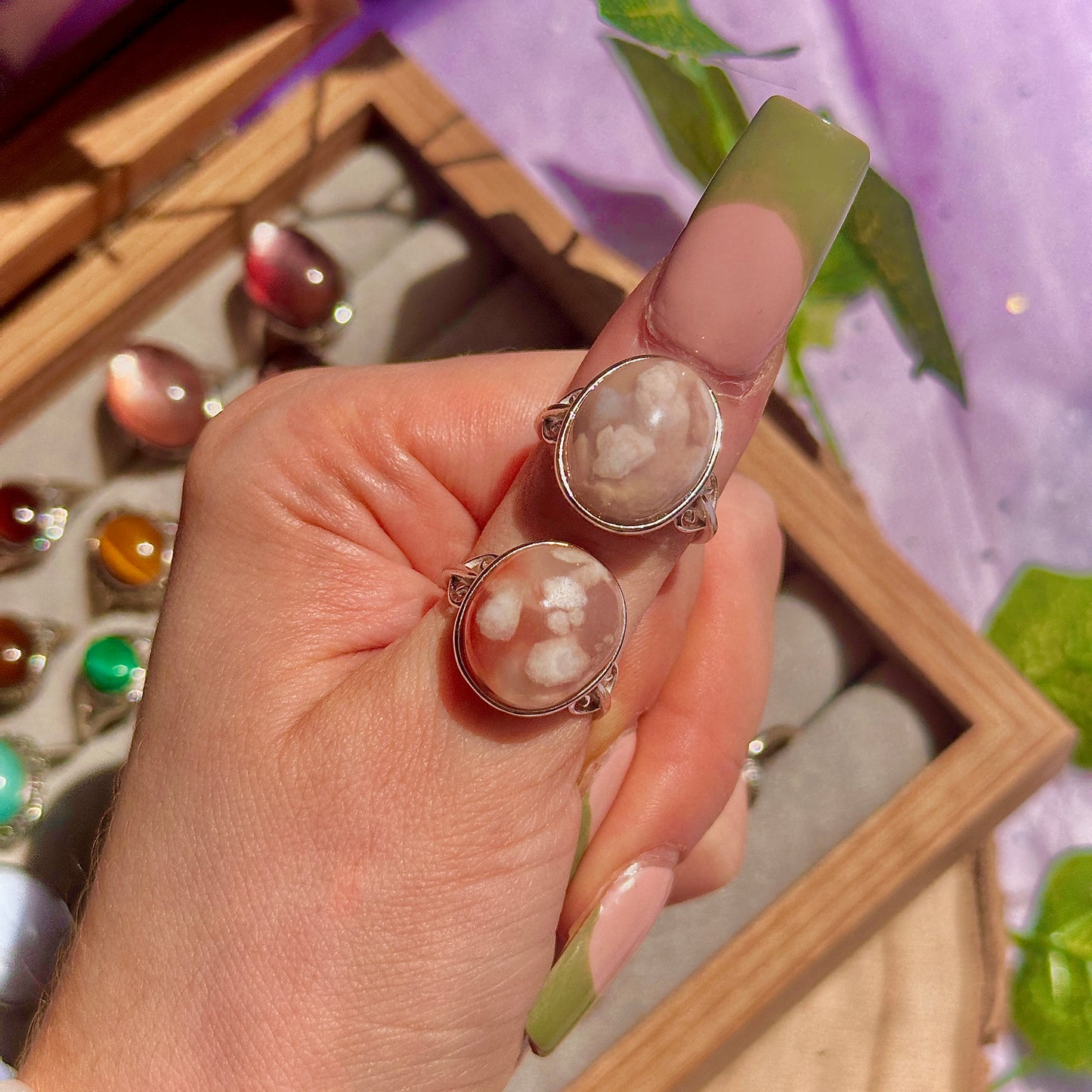 flower agate 925 sterling silver adjustable ring