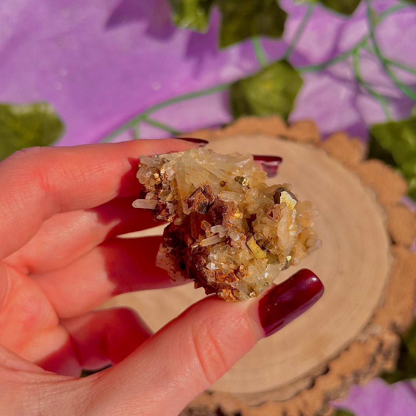 clear quartz with pyrite & golden healer inclusions cluster specimen