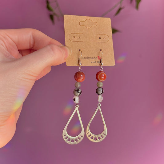 moon phase earrings on 925 hooks ~ carnelian, snowflake obsidian, labradorite