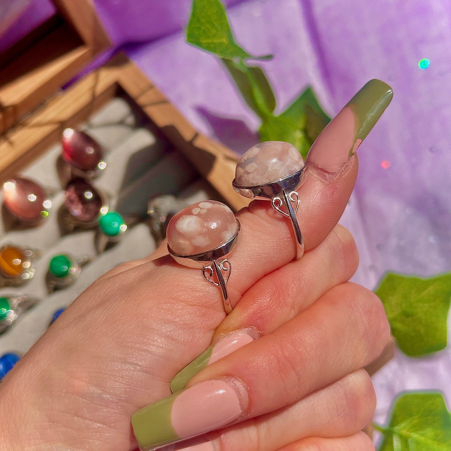 flower agate 925 sterling silver adjustable ring